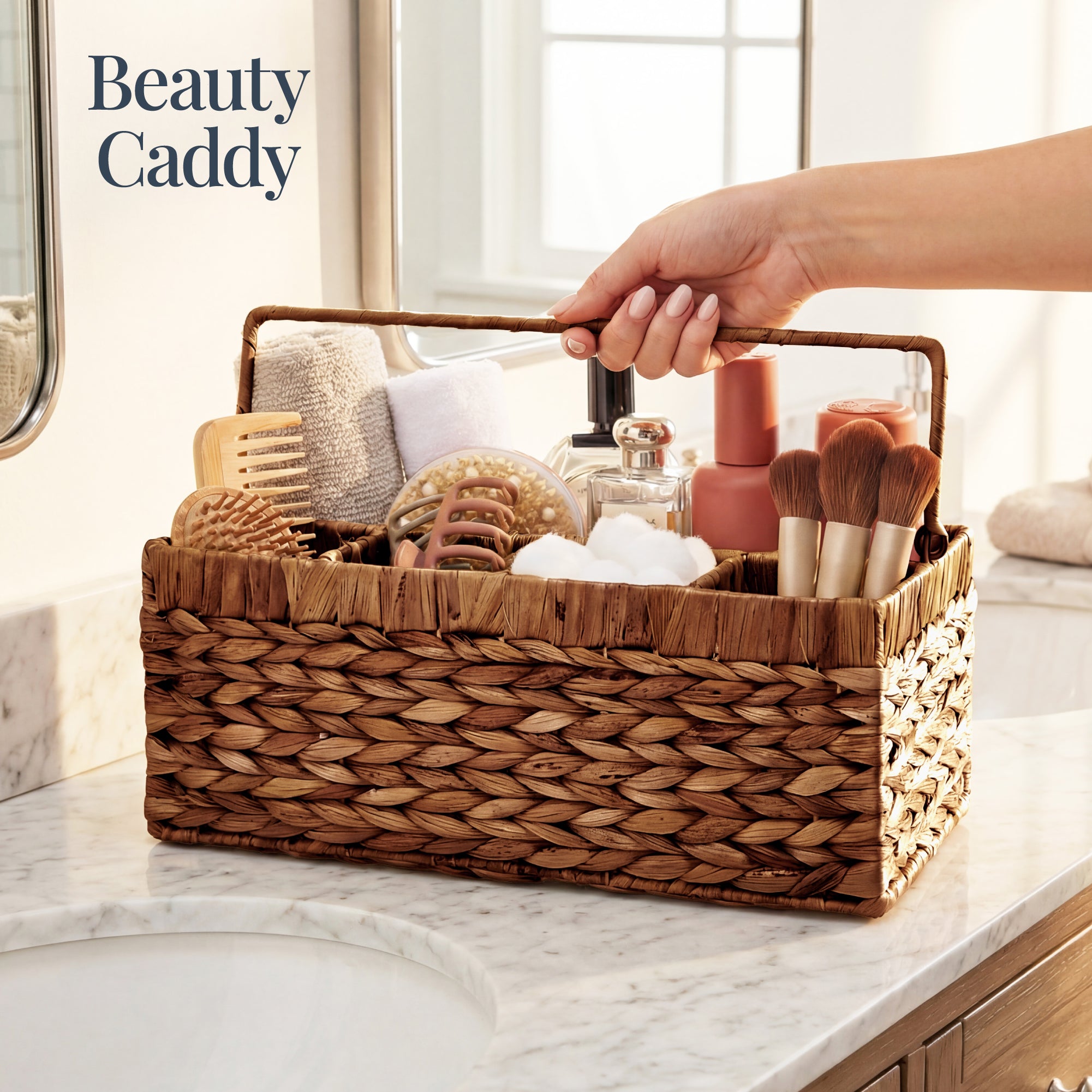 Utensil Caddy w/Handle - 5 Compartments, Woven Wicker Flatware Organizer