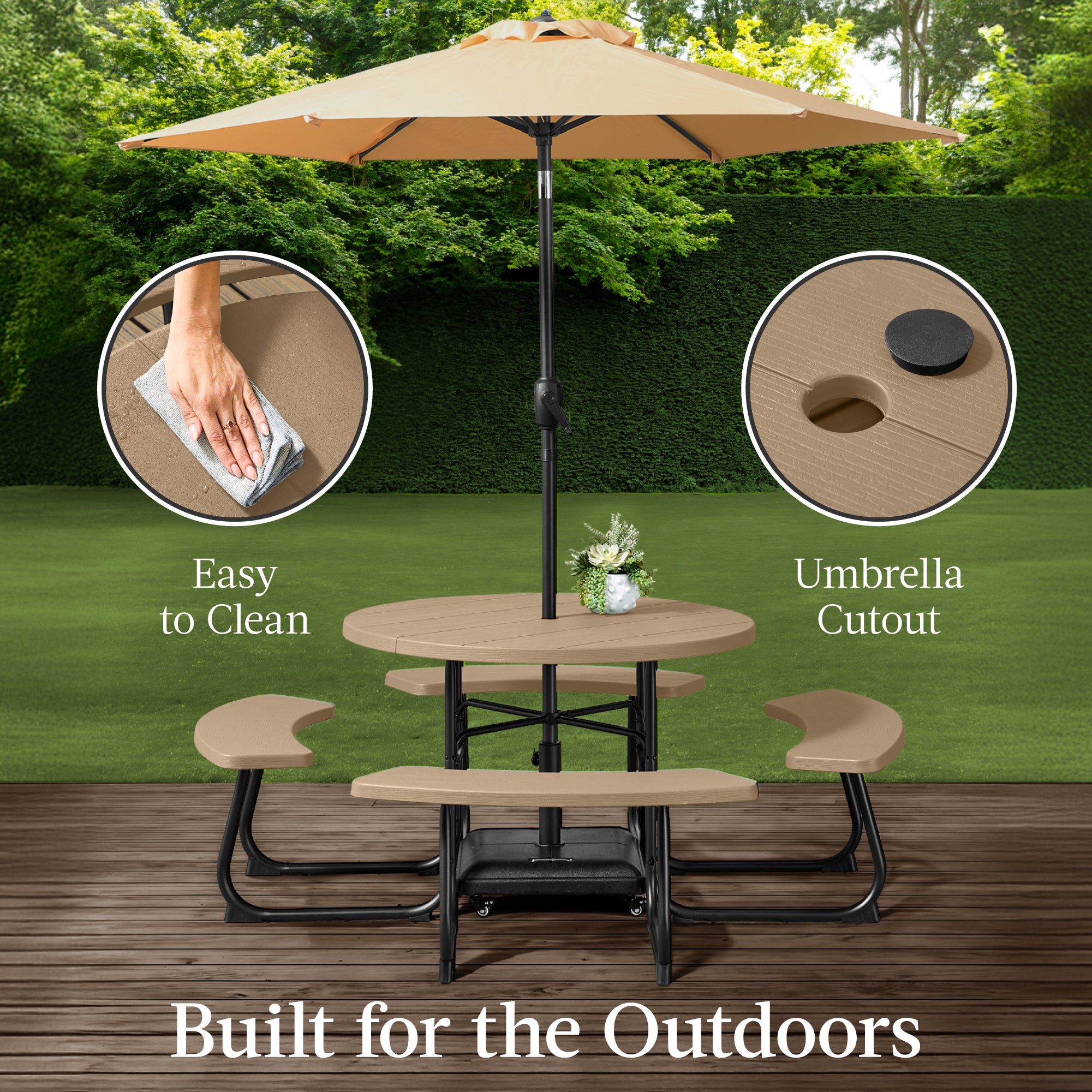 8-Person Circular Picnic Table w/ Umbrella Hole, 4 Benches