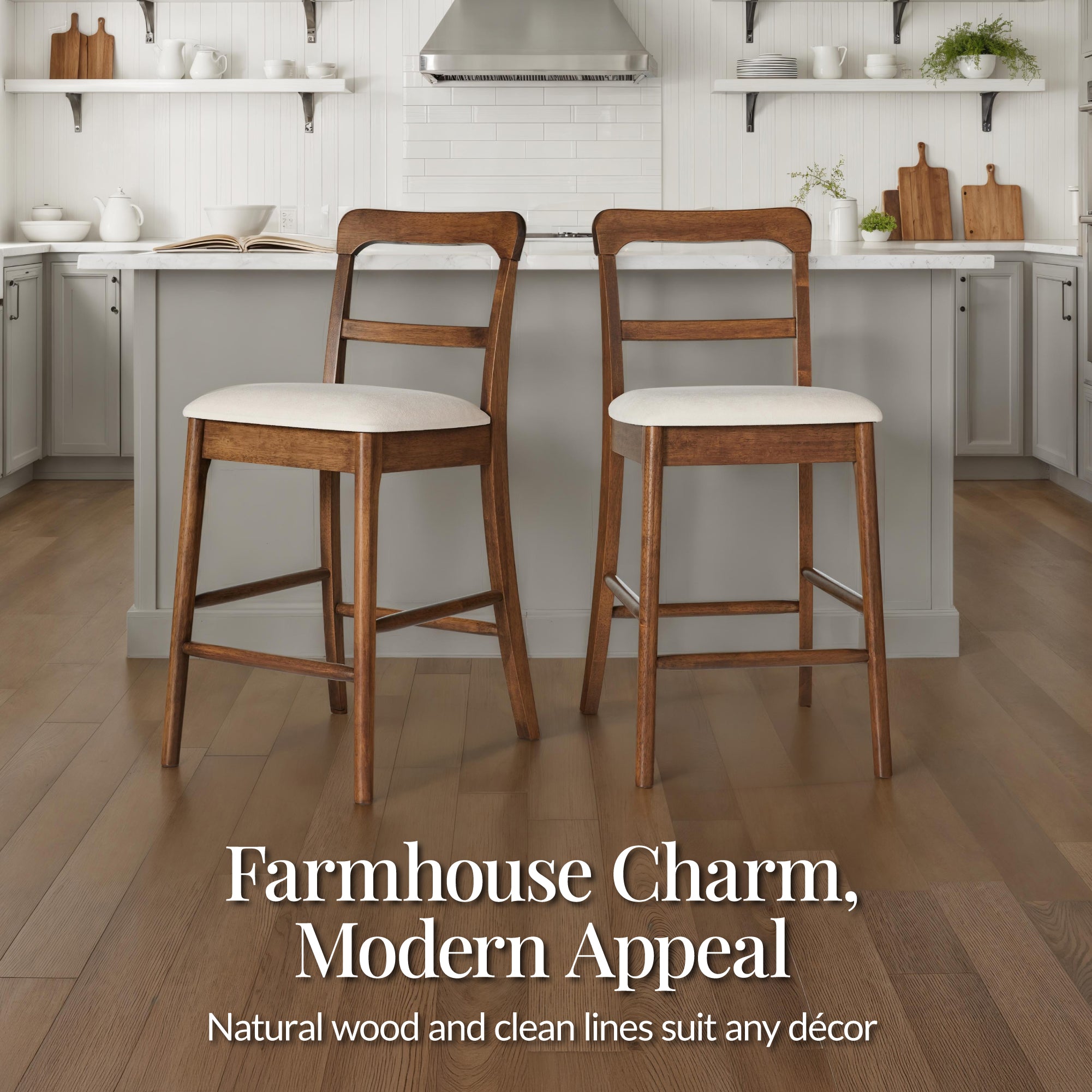 26" Counter-Height Farmhouse Wood Stools  w/ Cushion & Backrest, Set of 2
