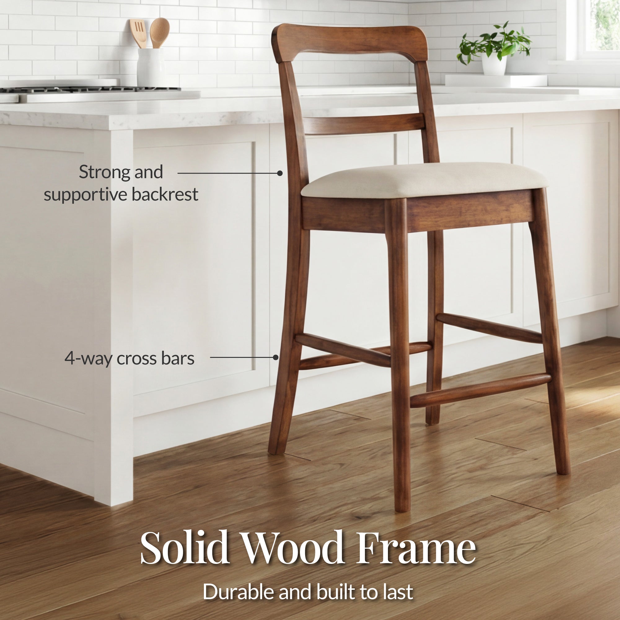 26" Counter-Height Farmhouse Wood Stools  w/ Cushion & Backrest, Set of 2