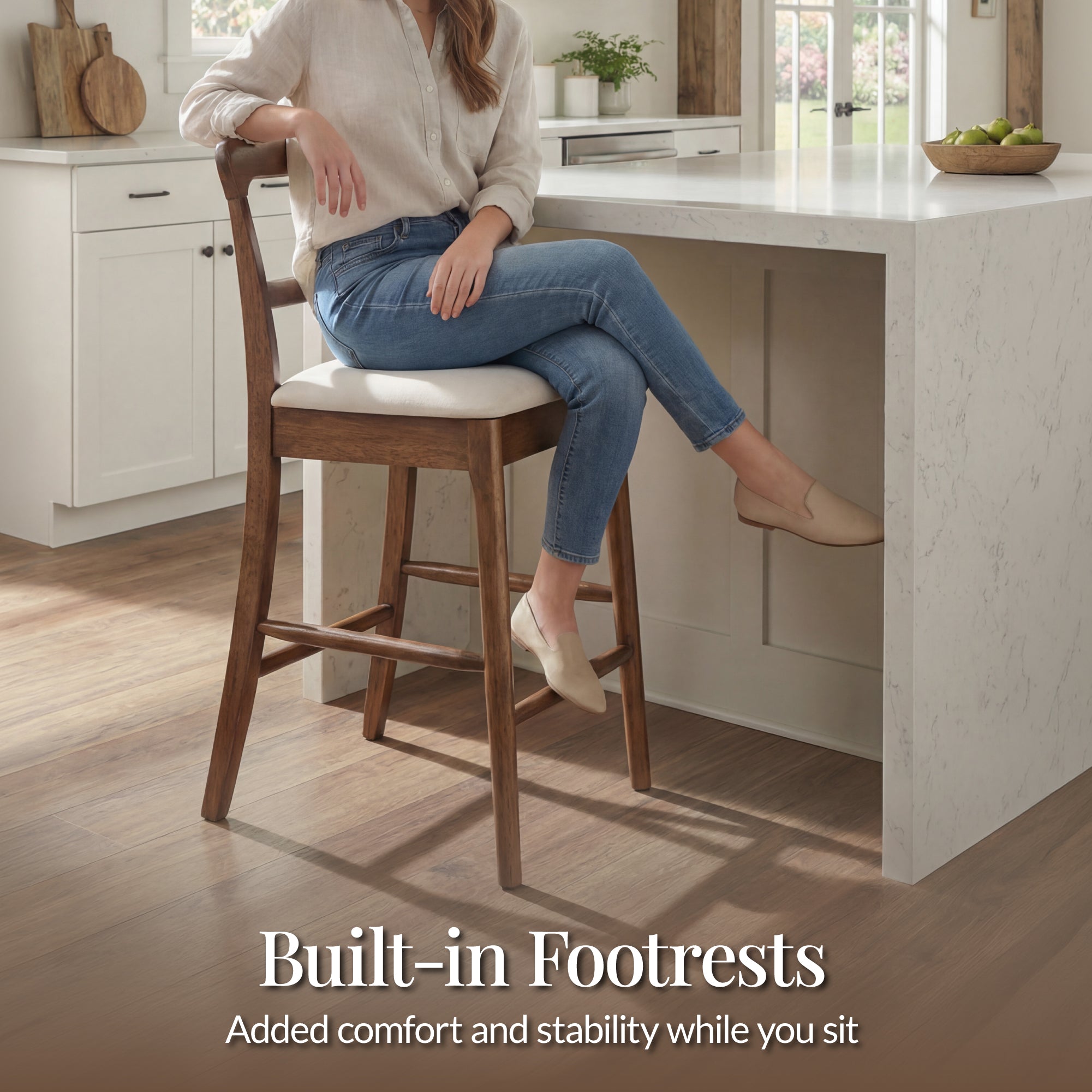 26" Counter-Height Farmhouse Wood Stools  w/ Cushion & Backrest, Set of 2