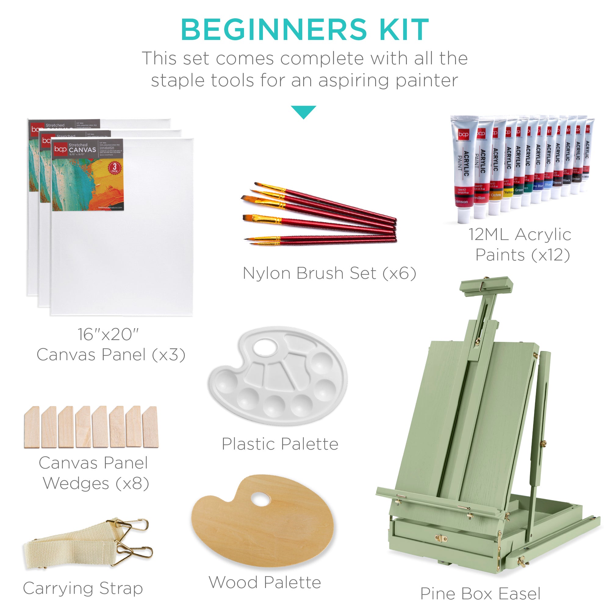 Portable Wooden French Easel w/ 32pc Beginners Kit