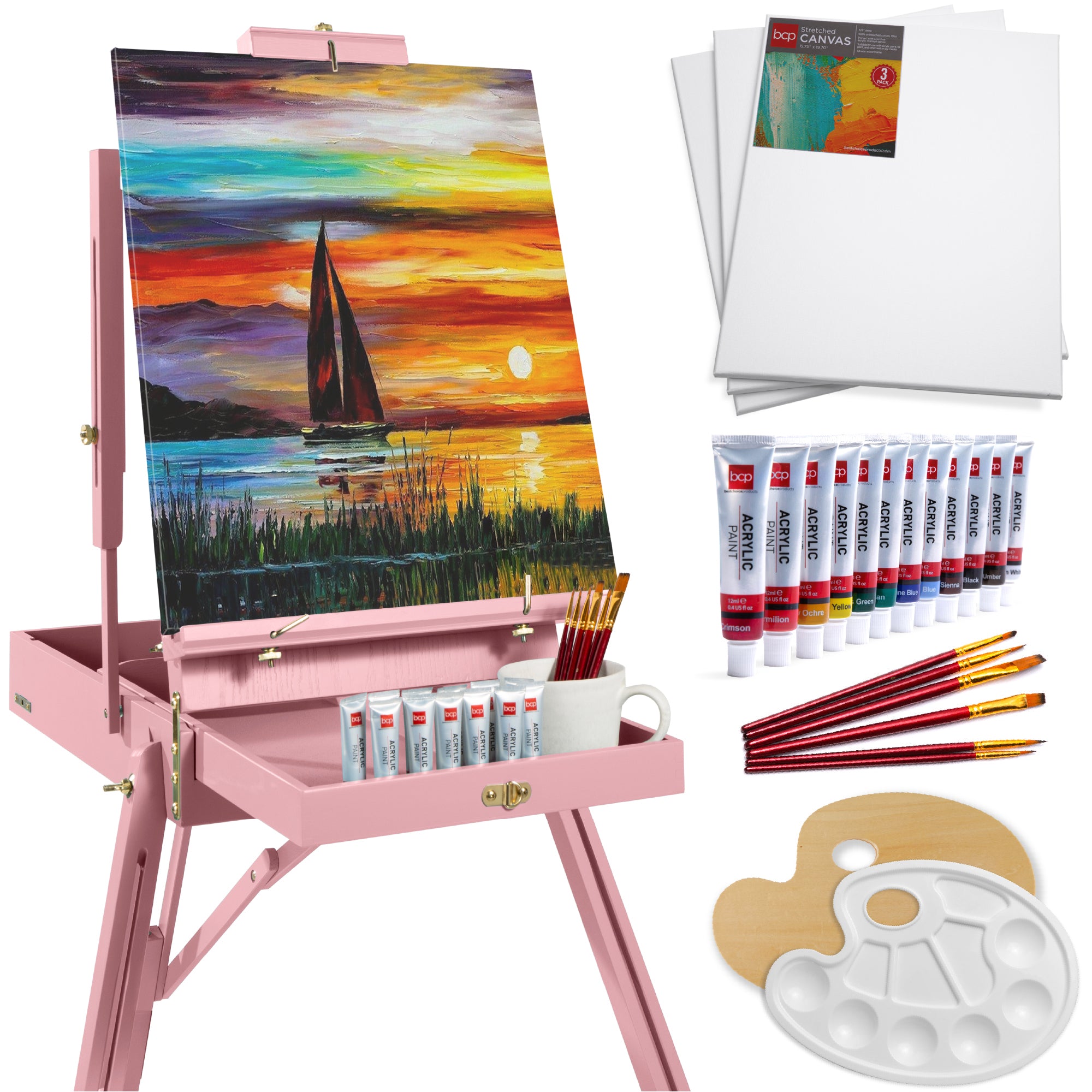 Art Easel for Painting, Portable Adjustable Tripod with 32-Piece Art Set