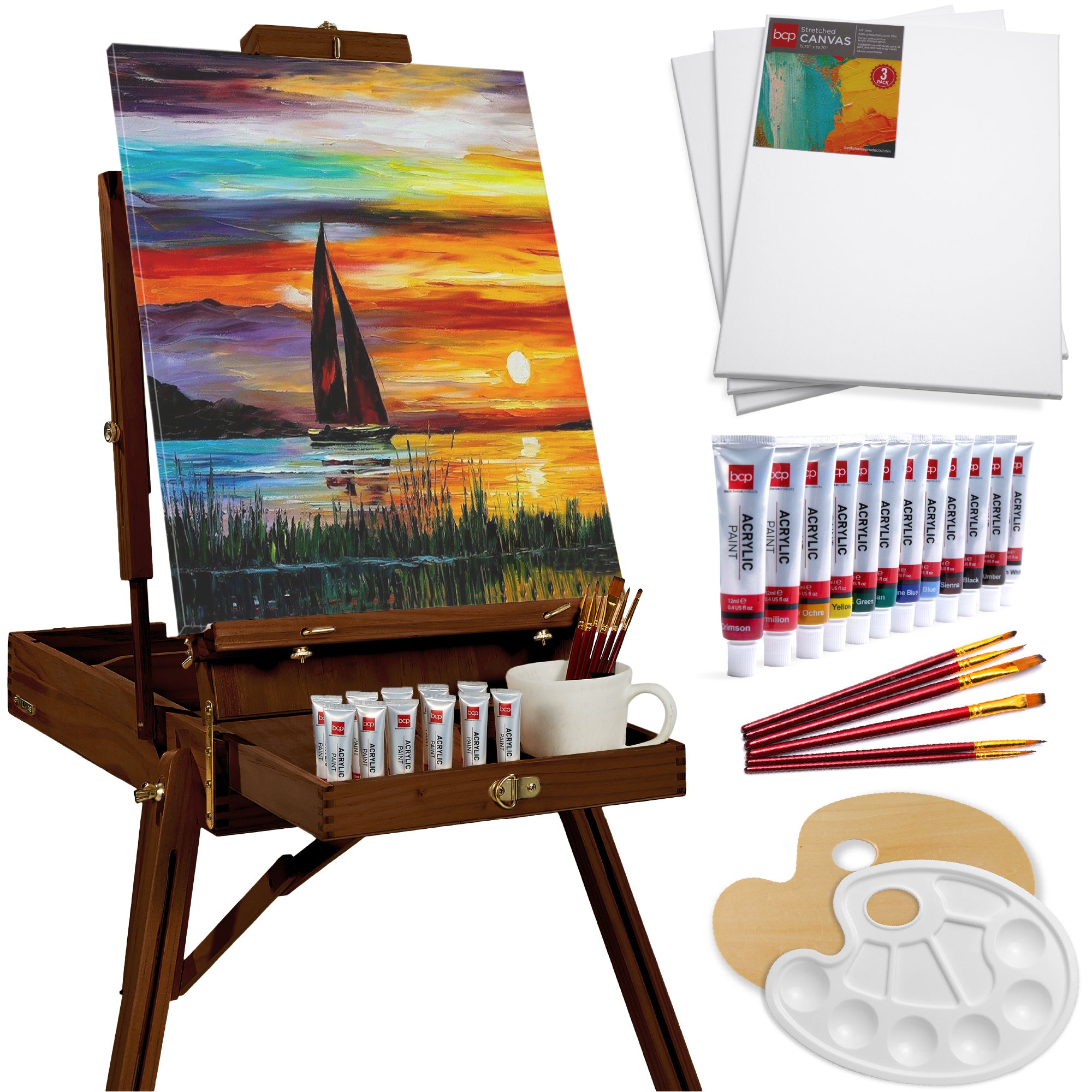 Art Easel for Painting, Portable Adjustable Tripod with 32-Piece Art Set