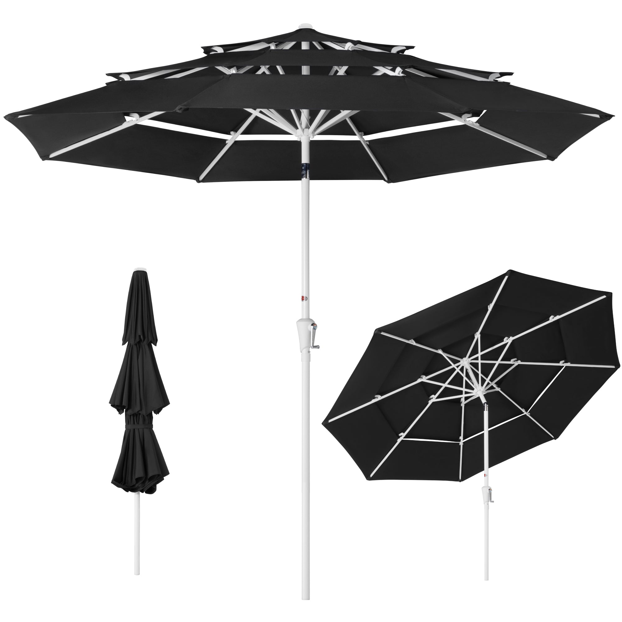 10ft 3-Tier Patio Market Umbrella White Pole, Push Button Tilt, Crank Lift