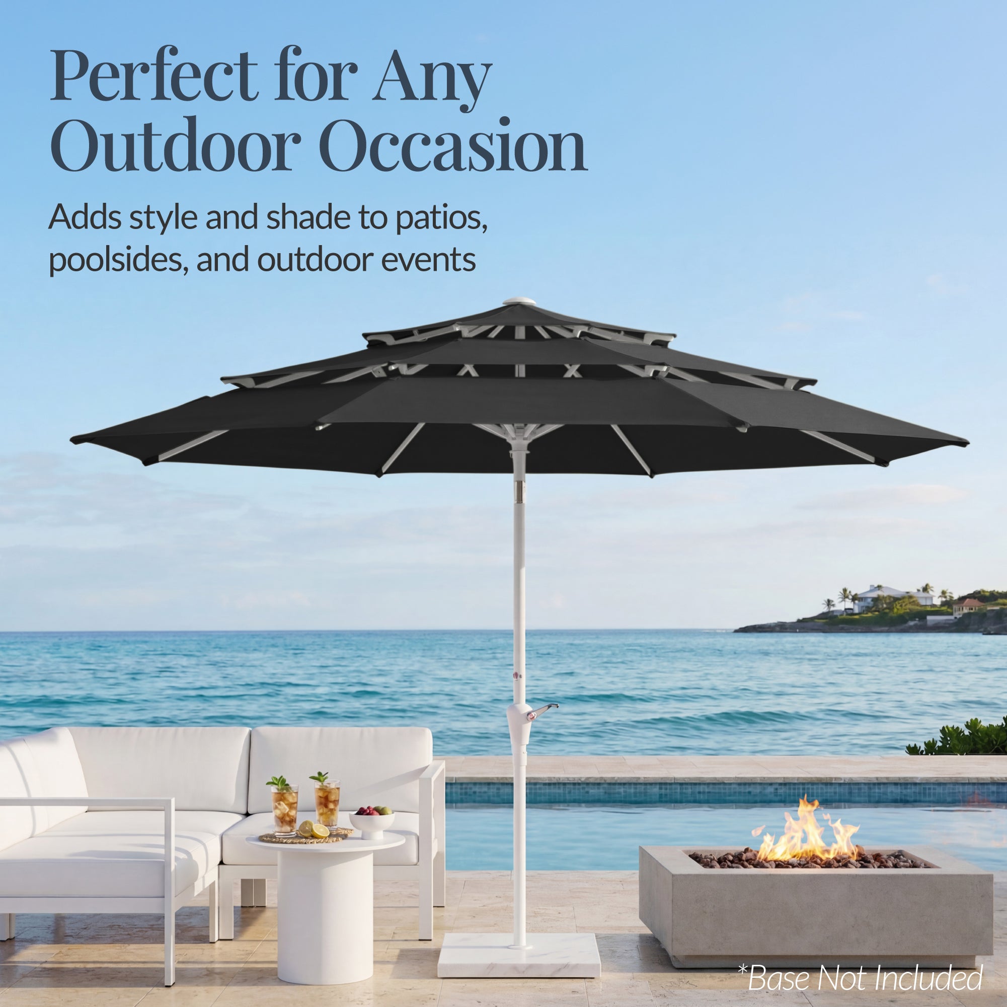 10ft 3-Tier Patio Market Umbrella White Pole, Push Button Tilt, Crank Lift