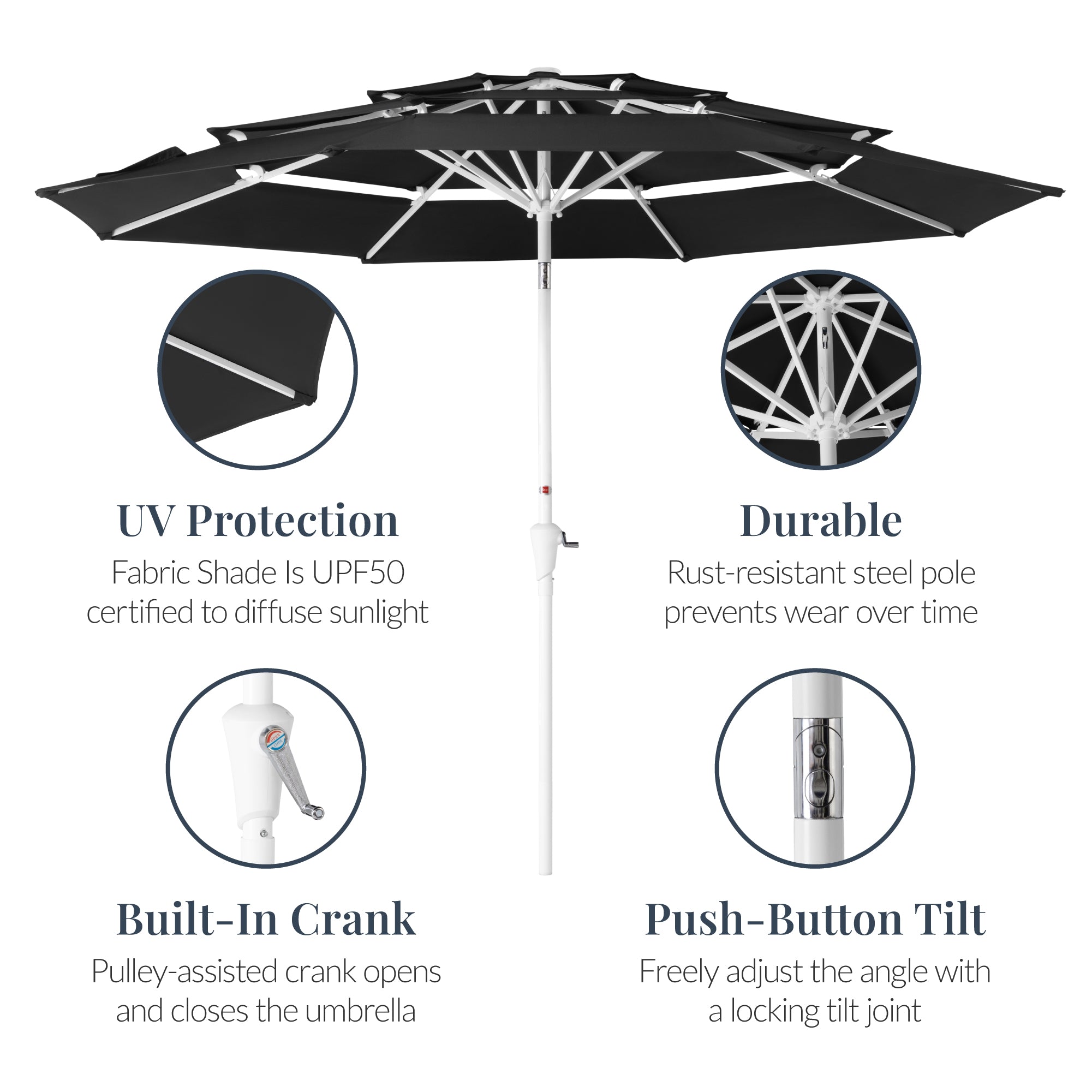 10ft 3-Tier Patio Market Umbrella White Pole, Push Button Tilt, Crank Lift