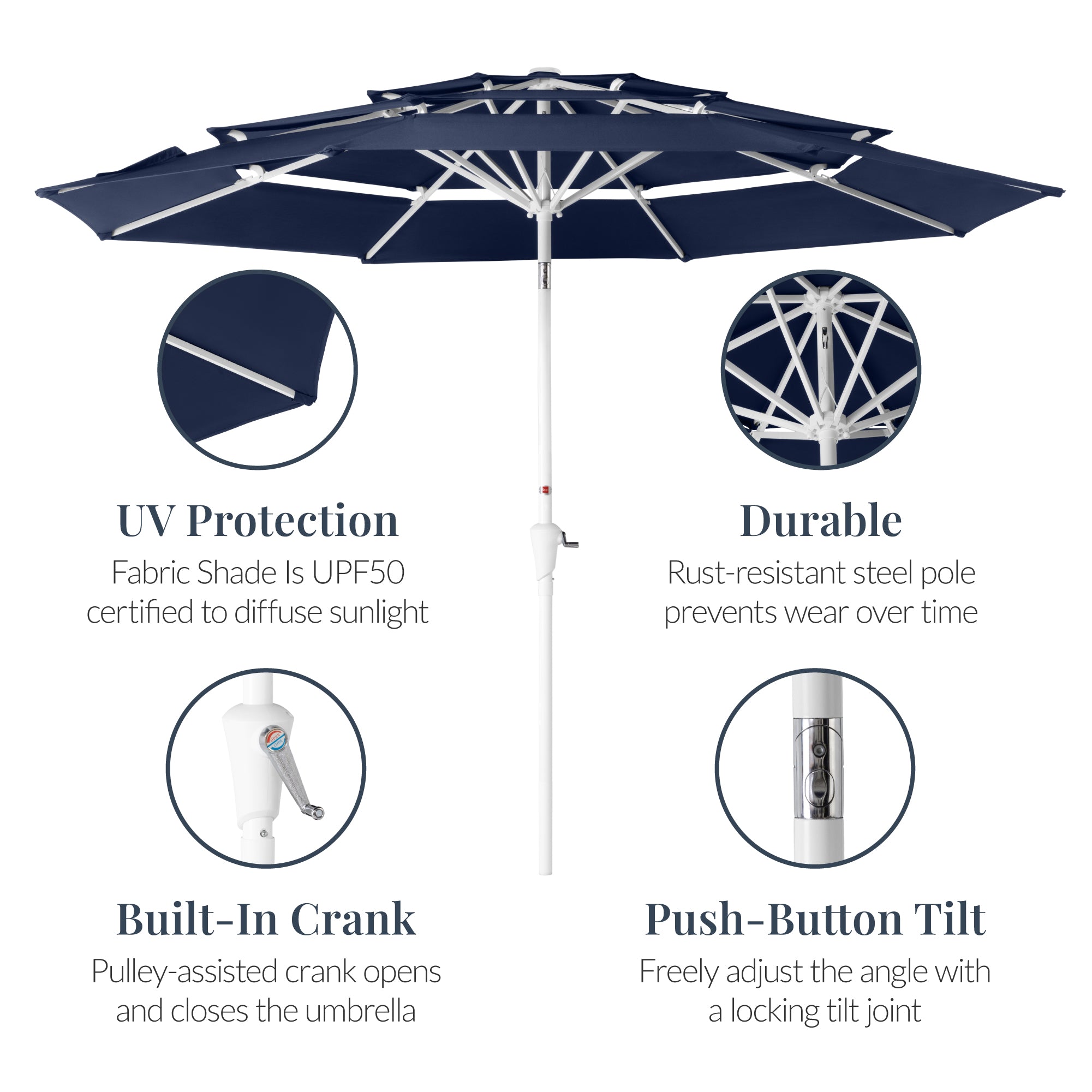 10ft 3-Tier Patio Market Umbrella White Pole, Push Button Tilt, Crank Lift