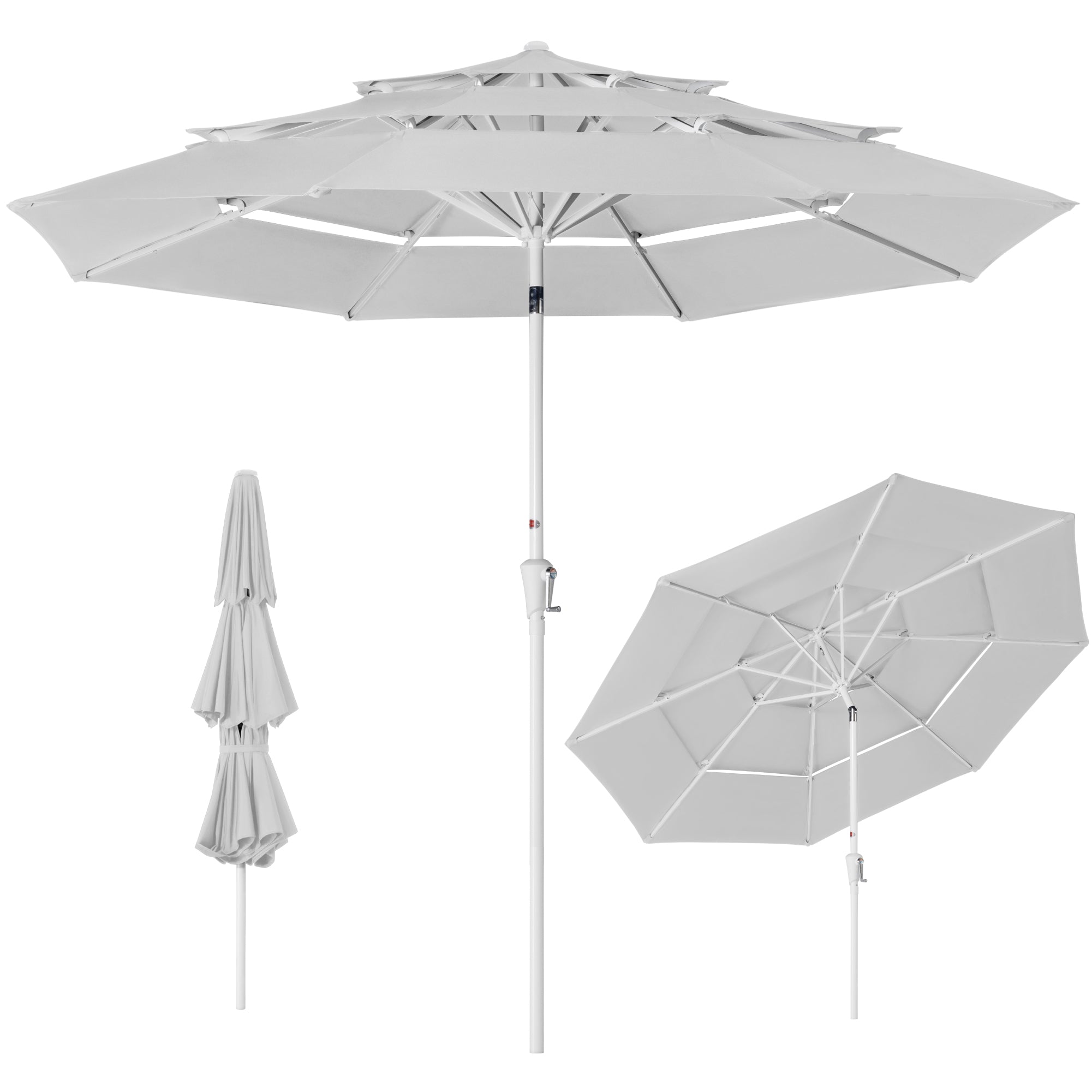 10ft 3-Tier Patio Market Umbrella White Pole, Push Button Tilt, Crank Lift