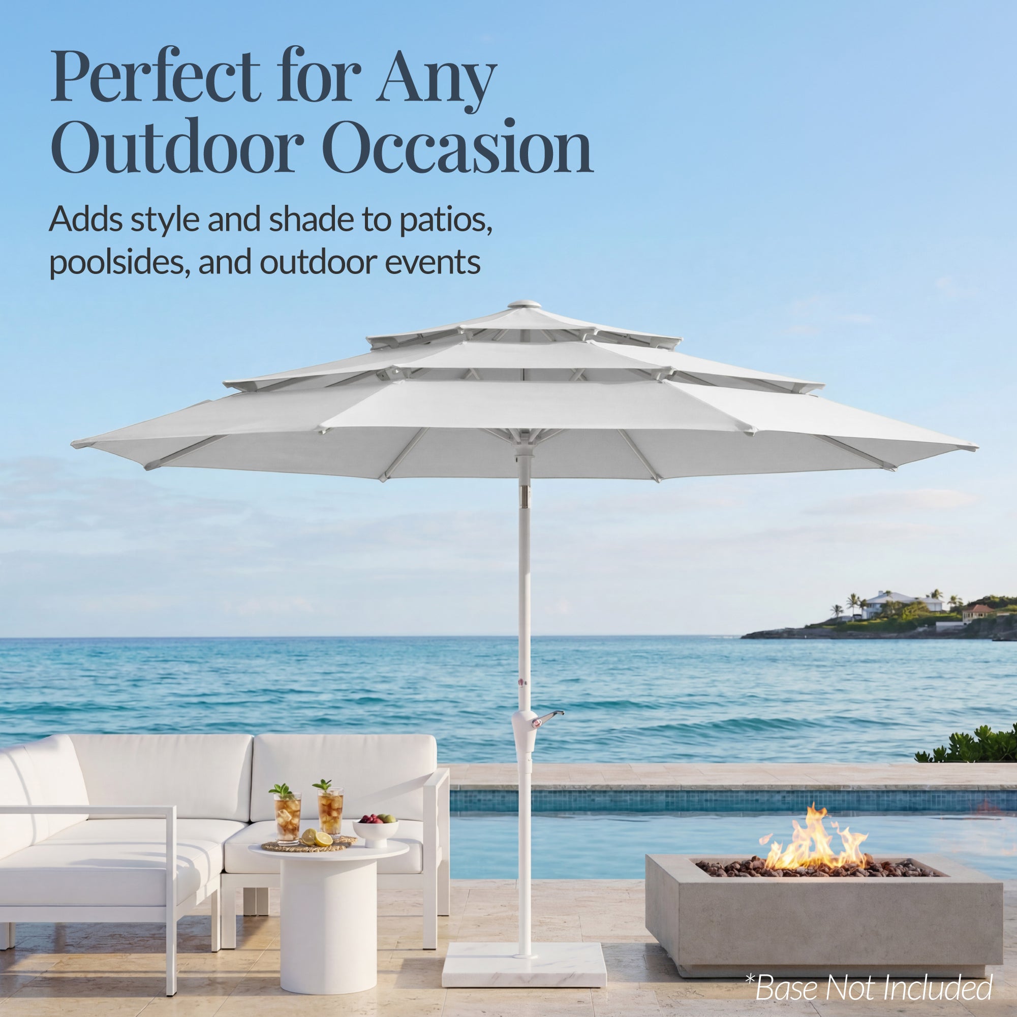 10ft 3-Tier Patio Market Umbrella White Pole, Push Button Tilt, Crank Lift