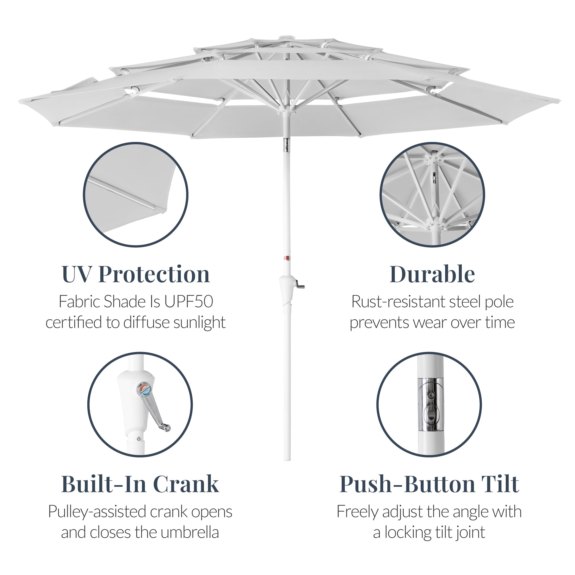 10ft 3-Tier Patio Market Umbrella White Pole, Push Button Tilt, Crank Lift