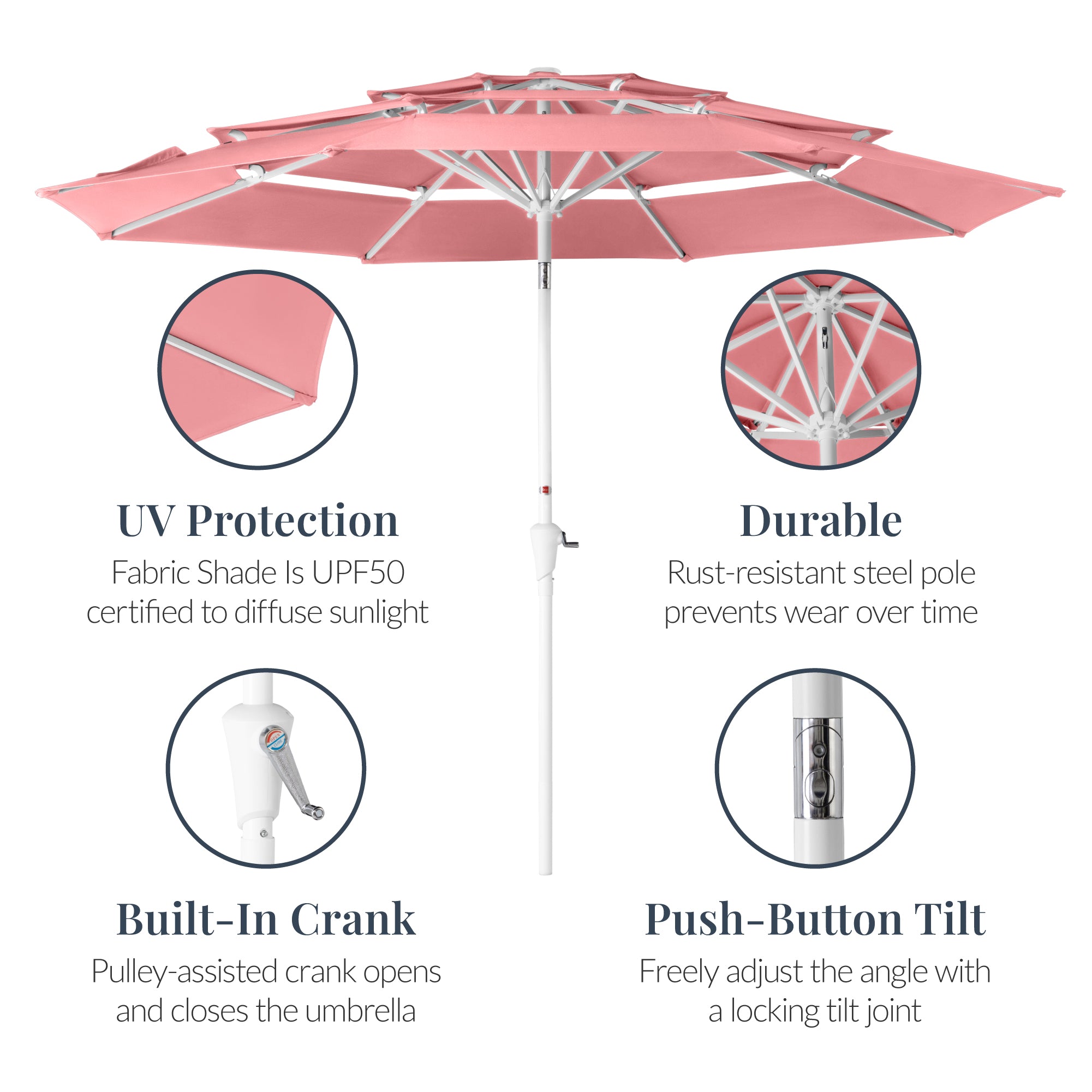 10ft 3-Tier Patio Market Umbrella White Pole, Push Button Tilt, Crank Lift