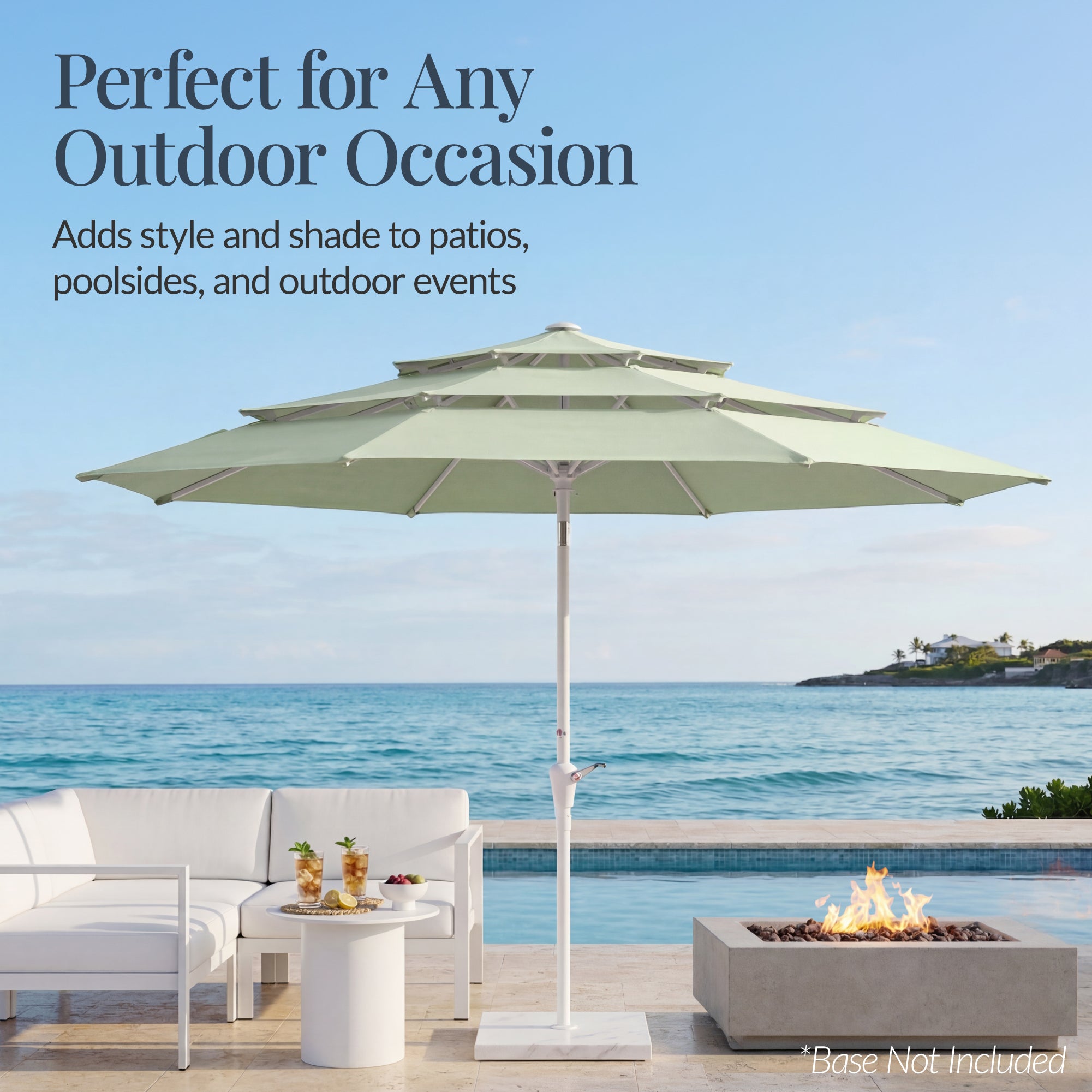 10ft 3-Tier Patio Market Umbrella White Pole, Push Button Tilt, Crank Lift