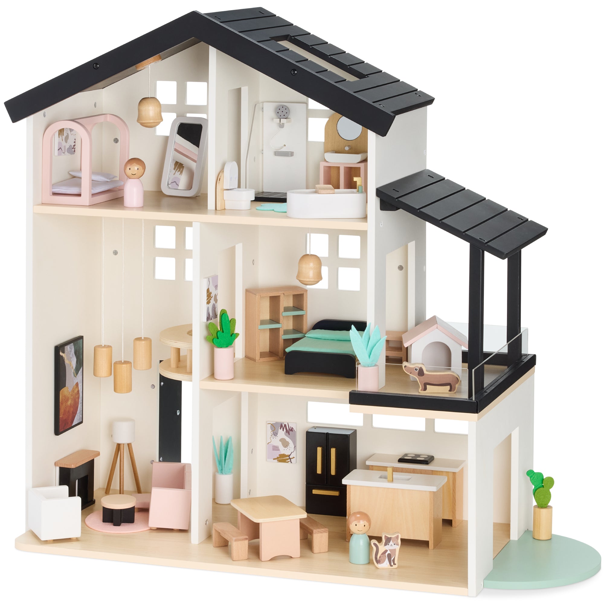 Pretend Play Wooden Doll House w/ 40 Accessories, Modern Toy Playset