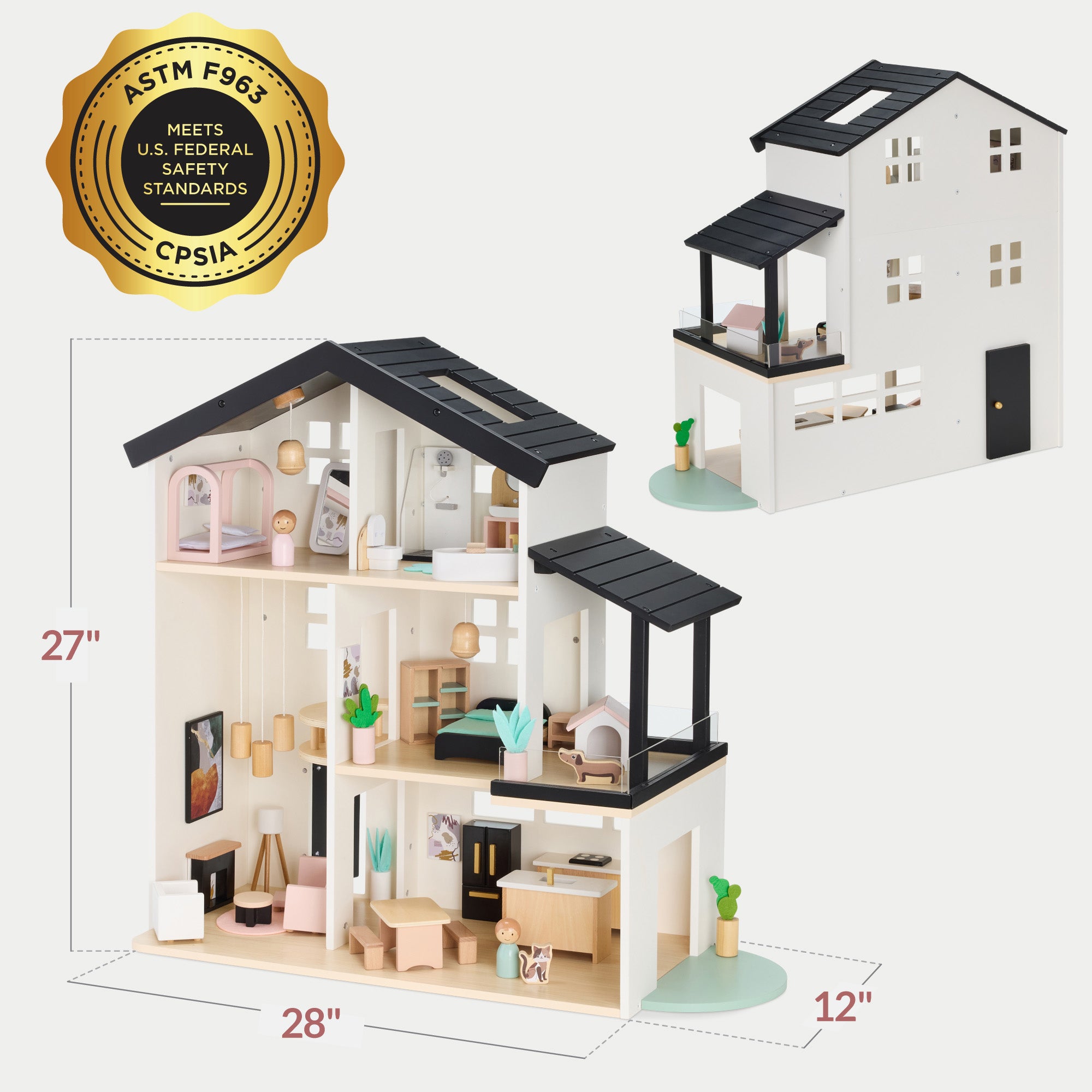 Pretend Play Wooden Doll House w/ 40 Accessories, Modern Toy Playset