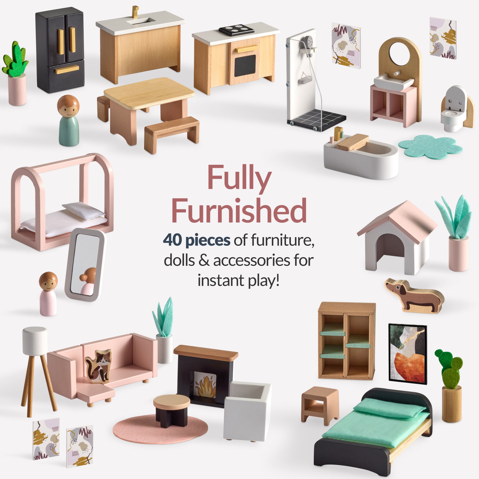 Pretend Play Wooden Doll House w/ 40 Accessories, Modern Toy Playset
