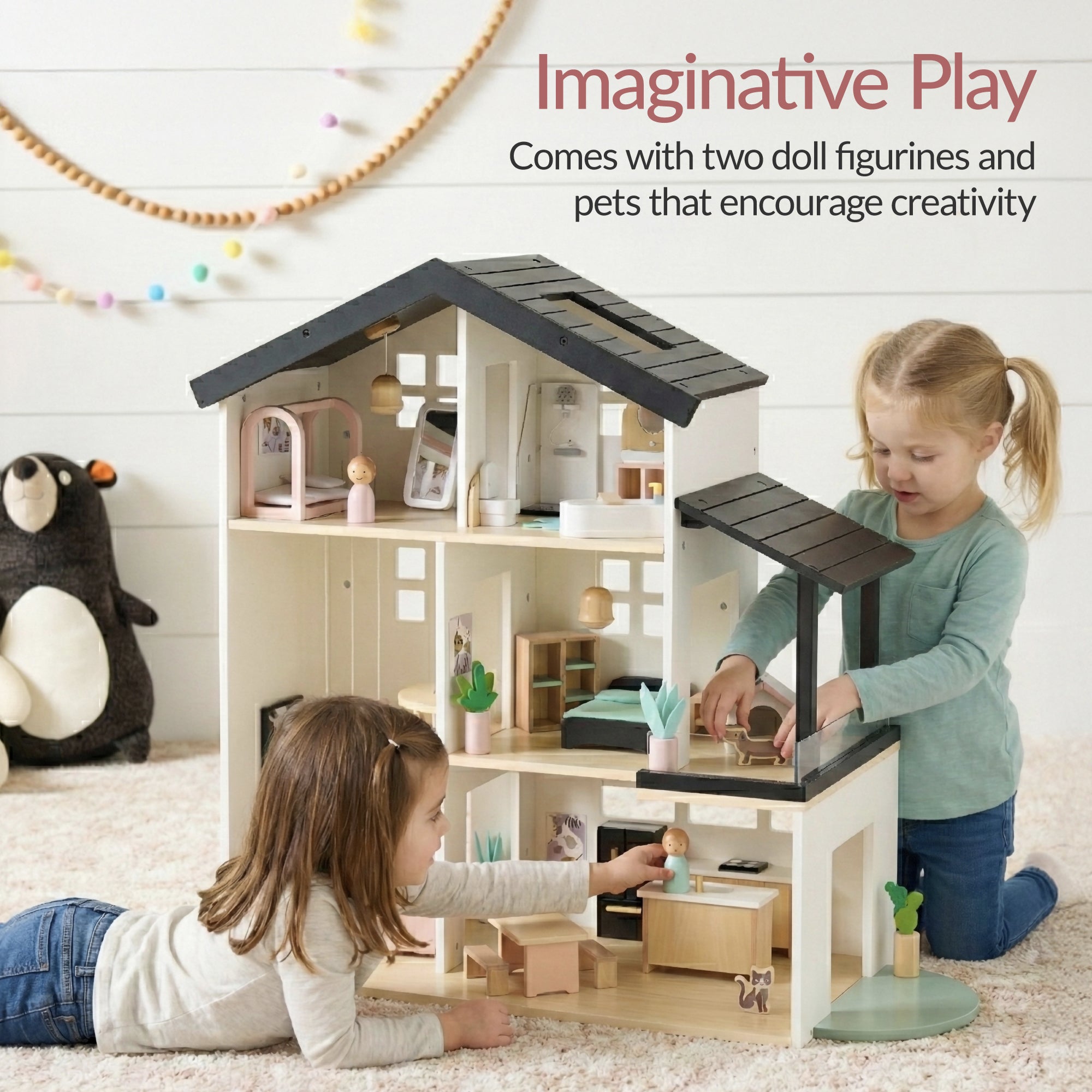 Pretend Play Wooden Doll House w/ 40 Accessories, Modern Toy Playset