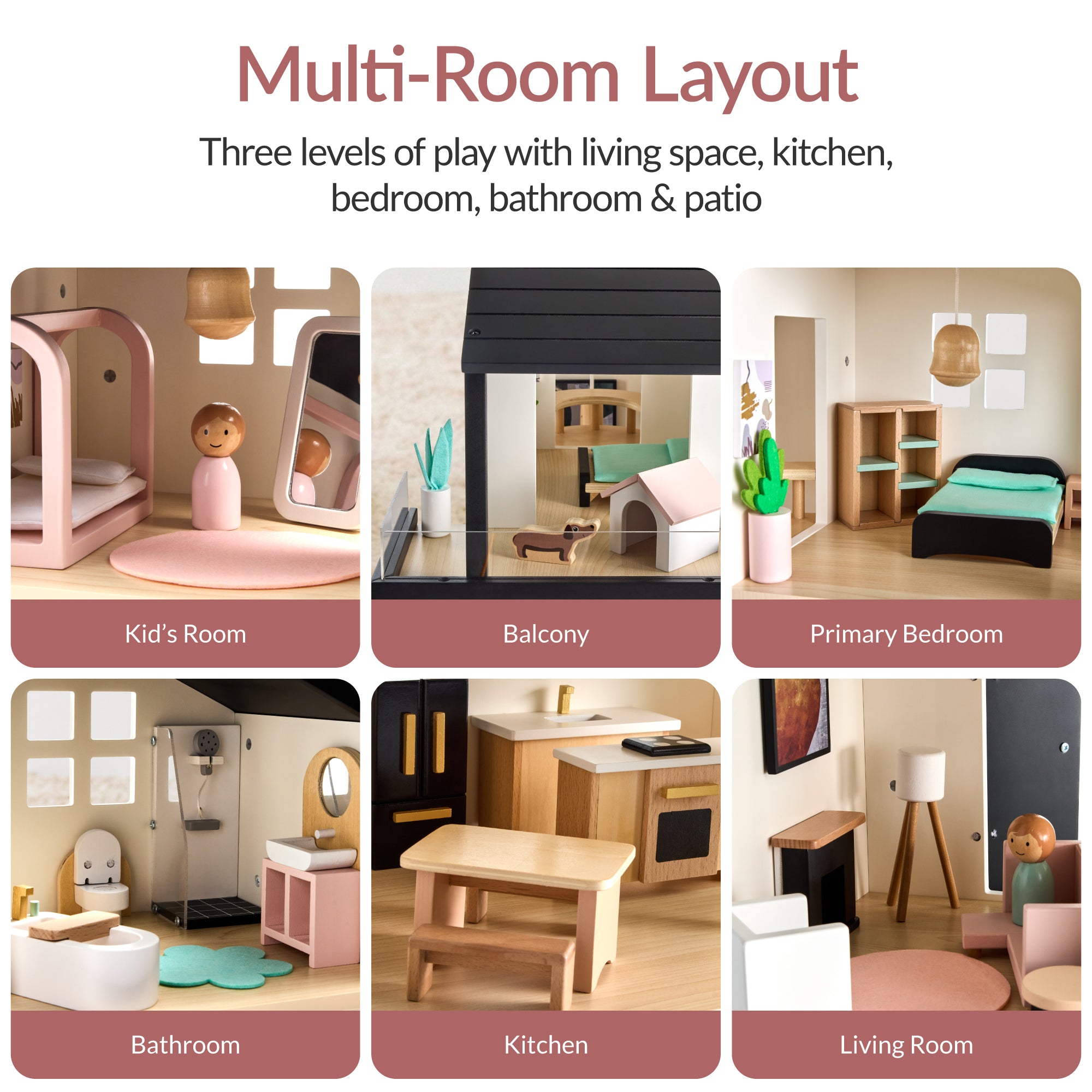 Pretend Play Wooden Doll House w/ 40 Accessories, Modern Toy Playset