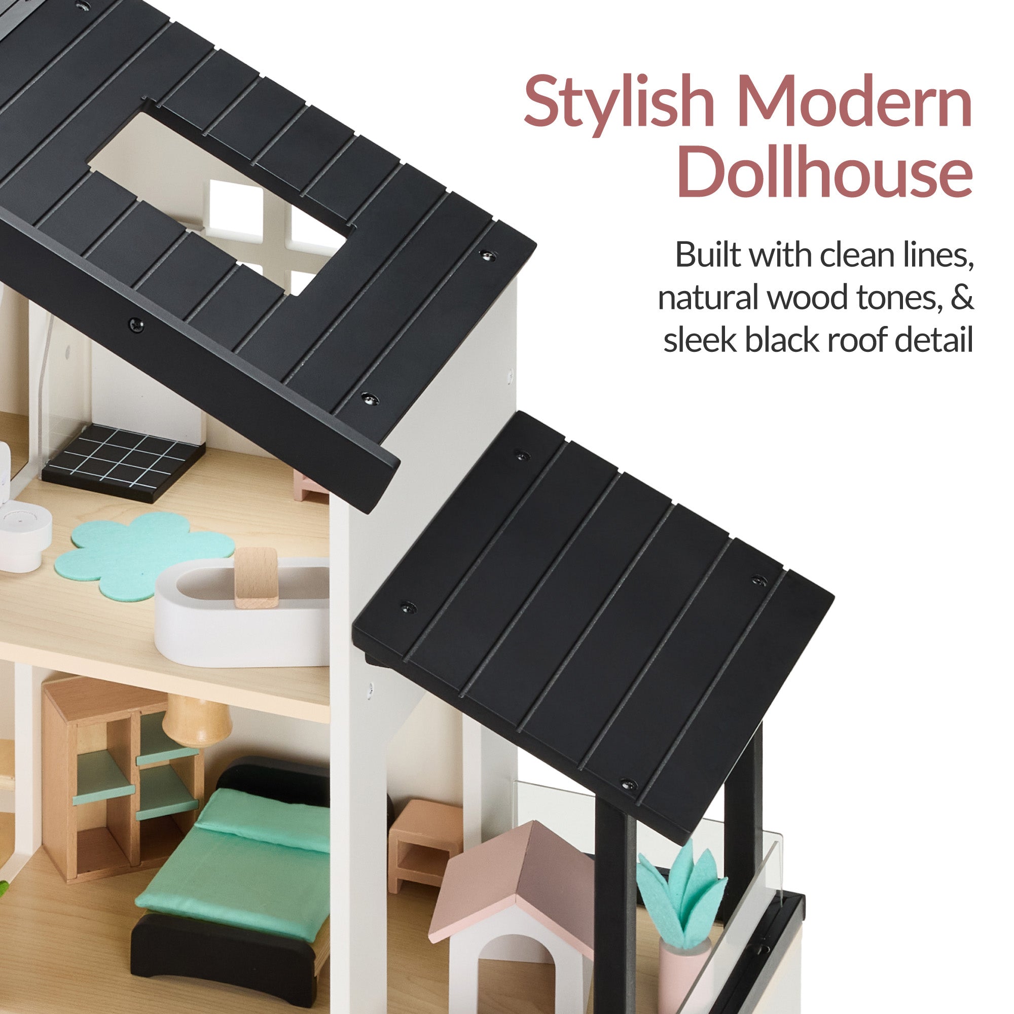 Pretend Play Wooden Doll House w/ 40 Accessories, Modern Toy Playset