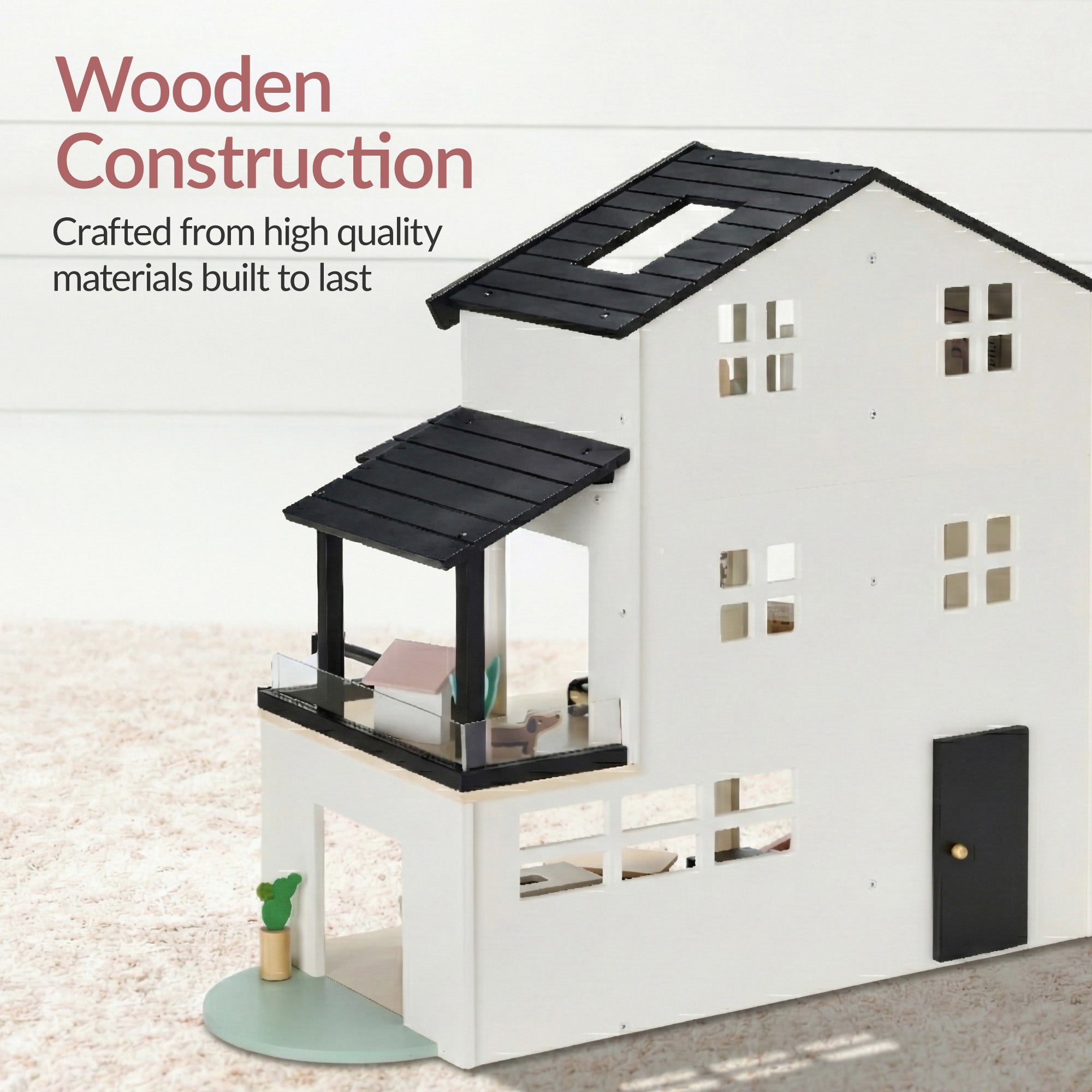 Pretend Play Wooden Doll House w/ 40 Accessories, Modern Toy Playset