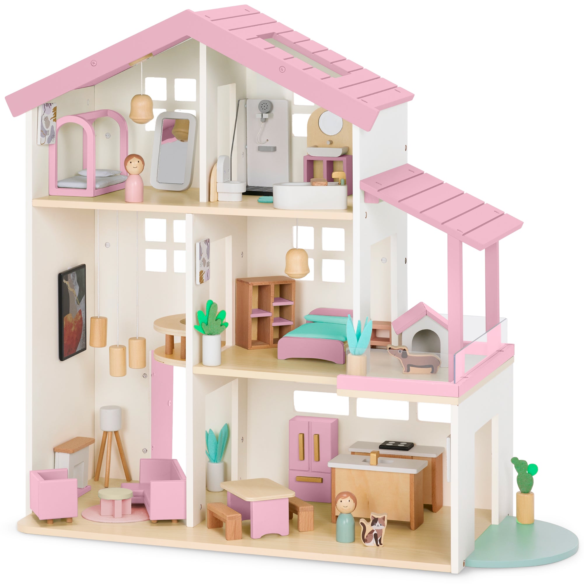 Pretend Play Wooden Doll House w/ 40 Accessories, Modern Toy Playset