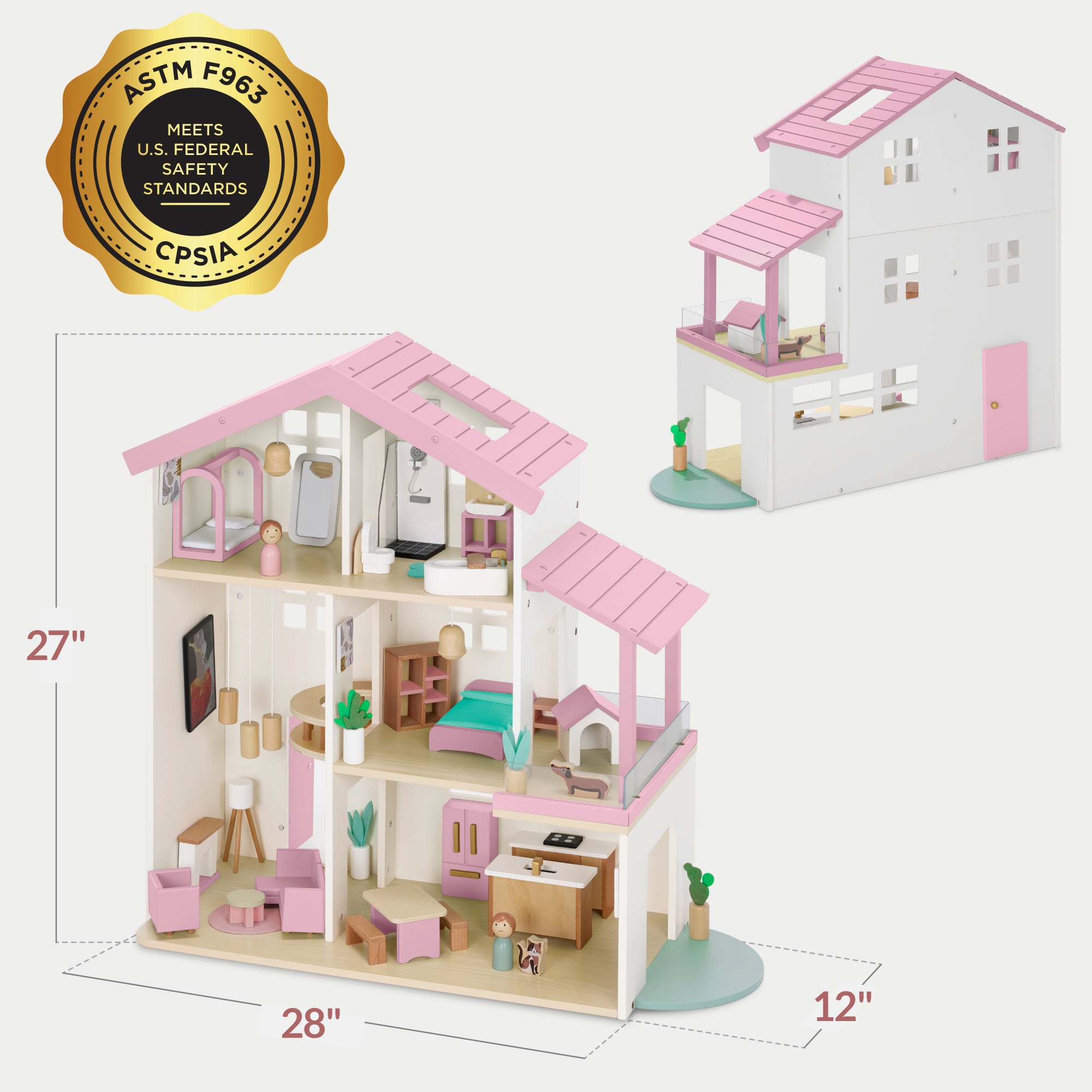 Pretend Play Wooden Doll House w/ 40 Accessories, Modern Toy Playset