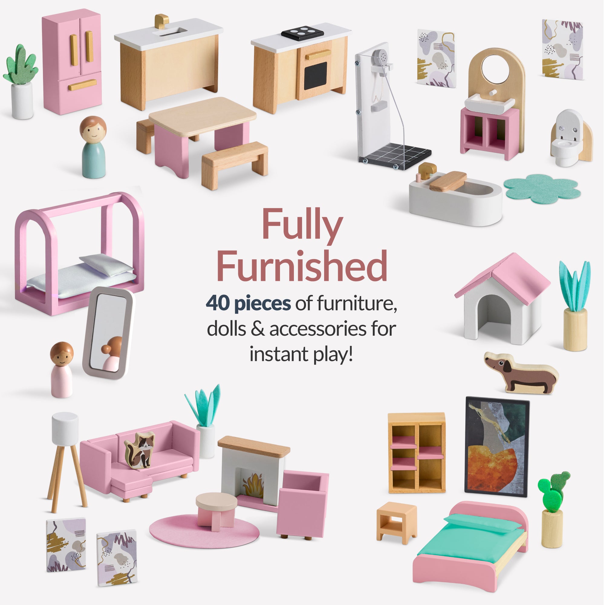 Pretend Play Wooden Doll House w/ 40 Accessories, Modern Toy Playset