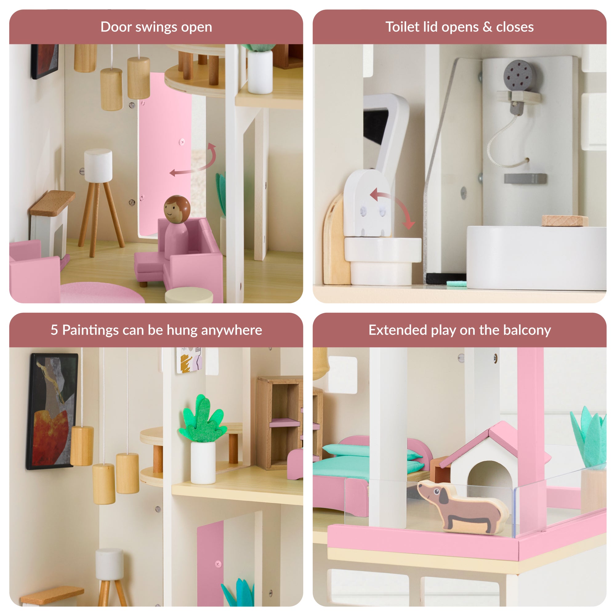 Pretend Play Wooden Doll House w/ 40 Accessories, Modern Toy Playset