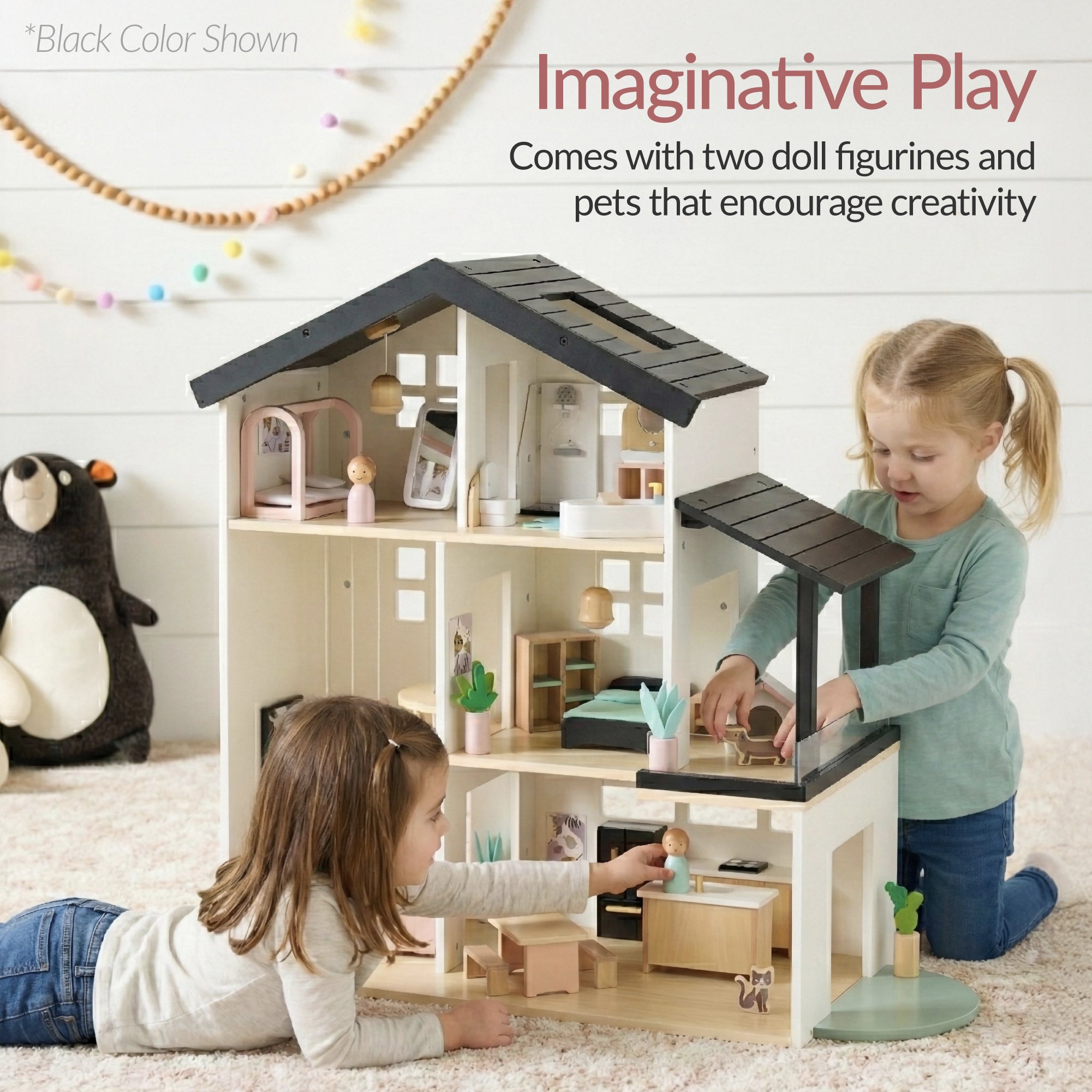 Pretend Play Wooden Doll House w/ 40 Accessories, Modern Toy Playset