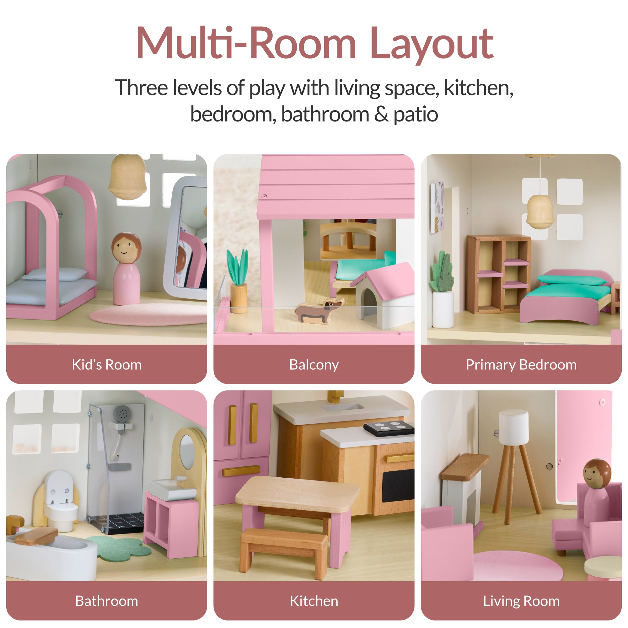 Pretend Play Wooden Doll House w/ 40 Accessories, Modern Toy Playset