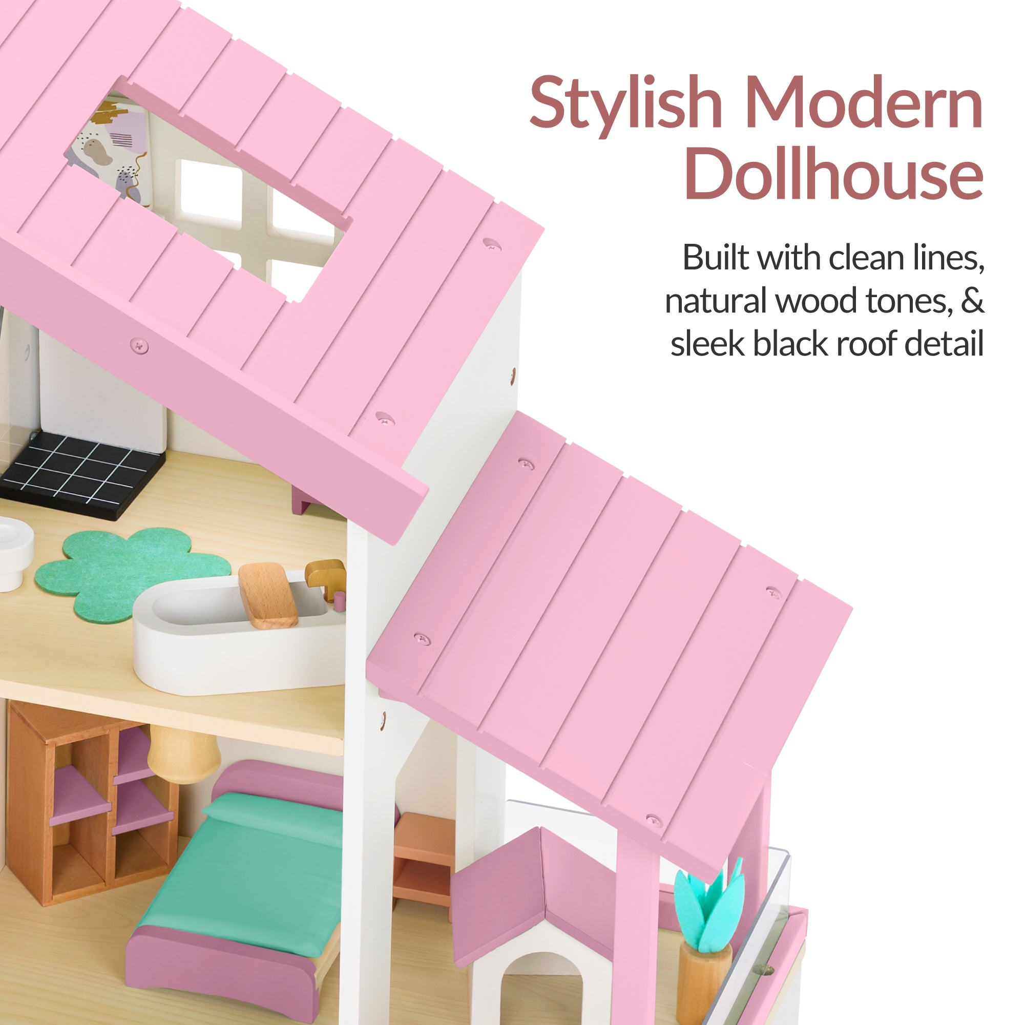 Pretend Play Wooden Doll House w/ 40 Accessories, Modern Toy Playset