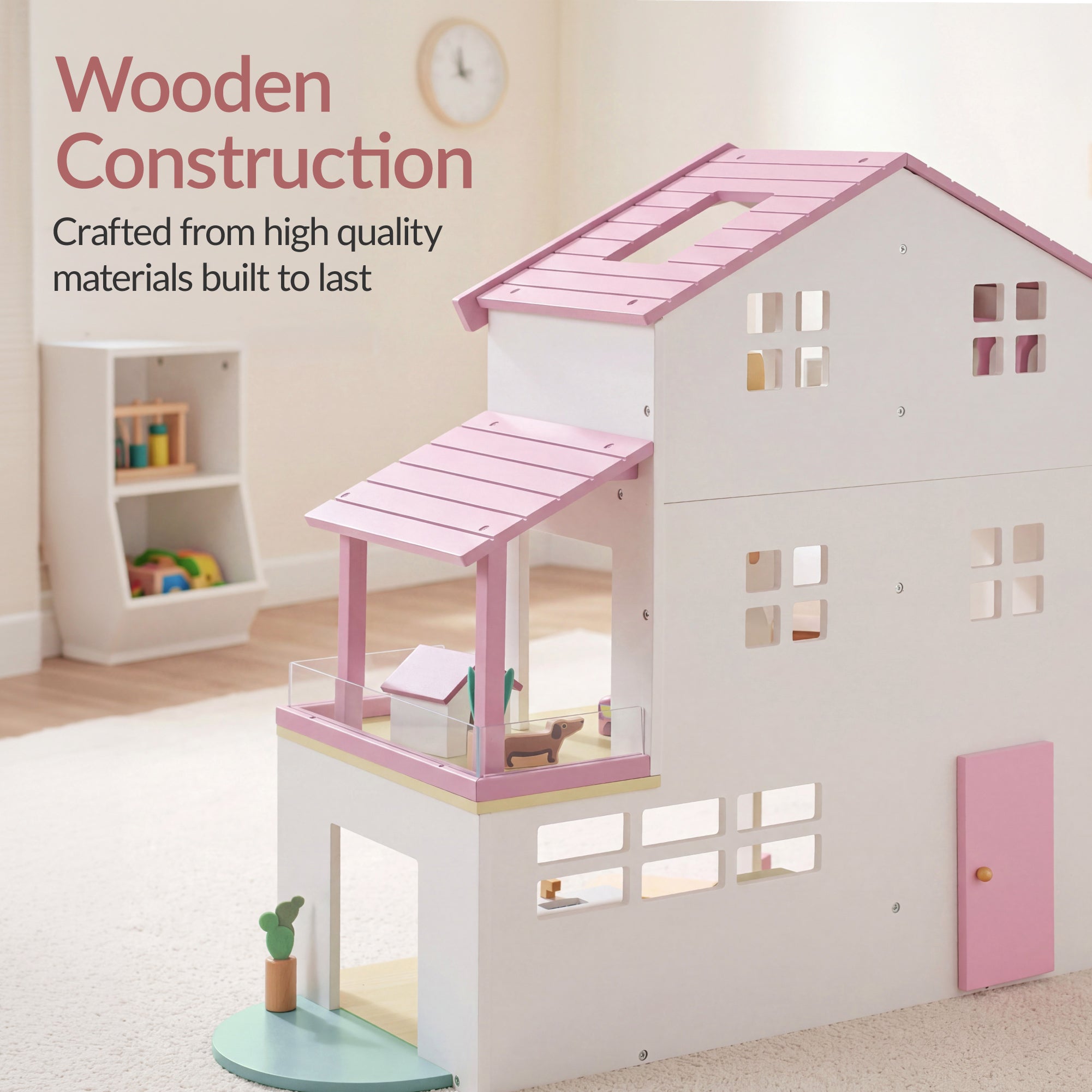 Pretend Play Wooden Doll House w/ 40 Accessories, Modern Toy Playset