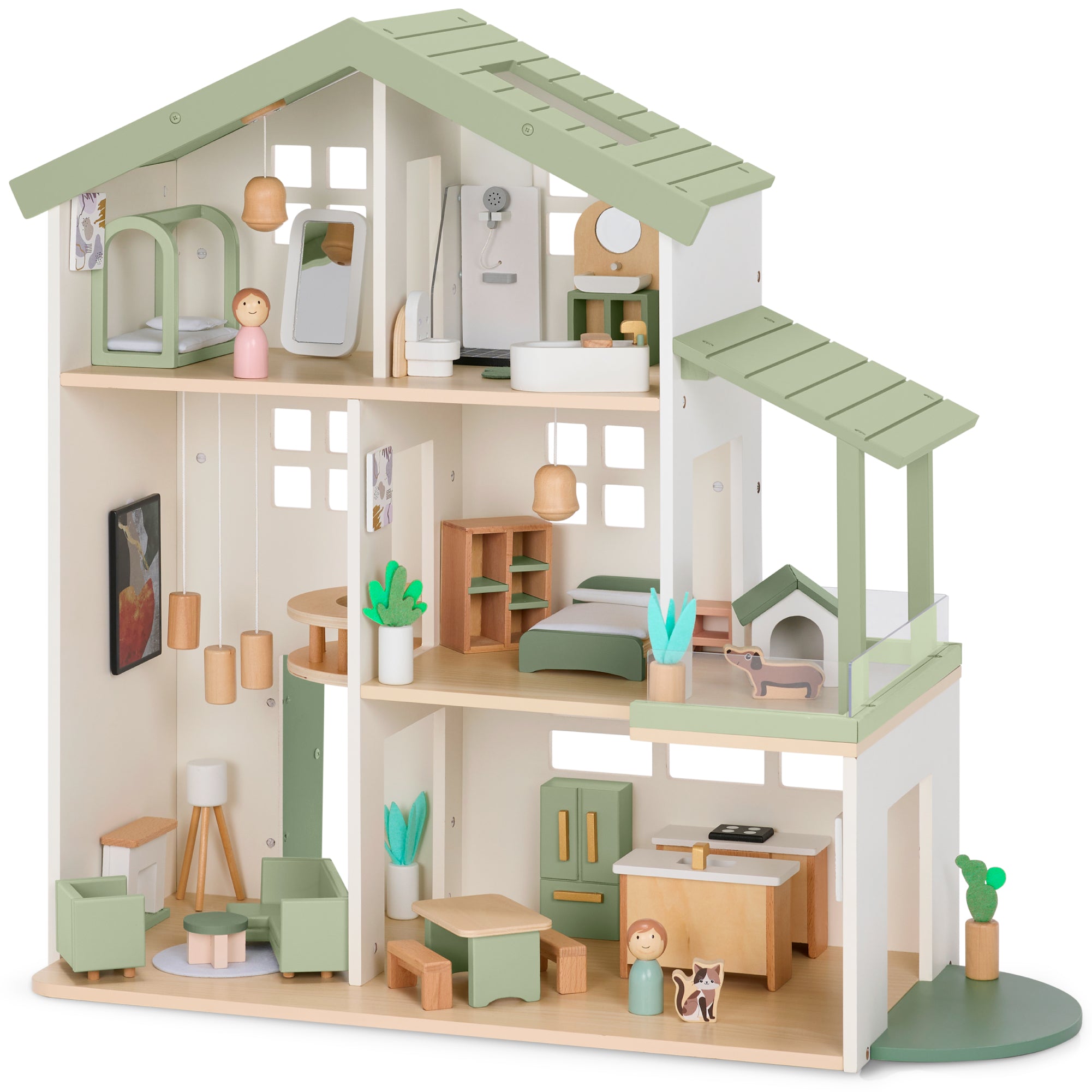 Pretend Play Wooden Doll House w/ 40 Accessories, Modern Toy Playset