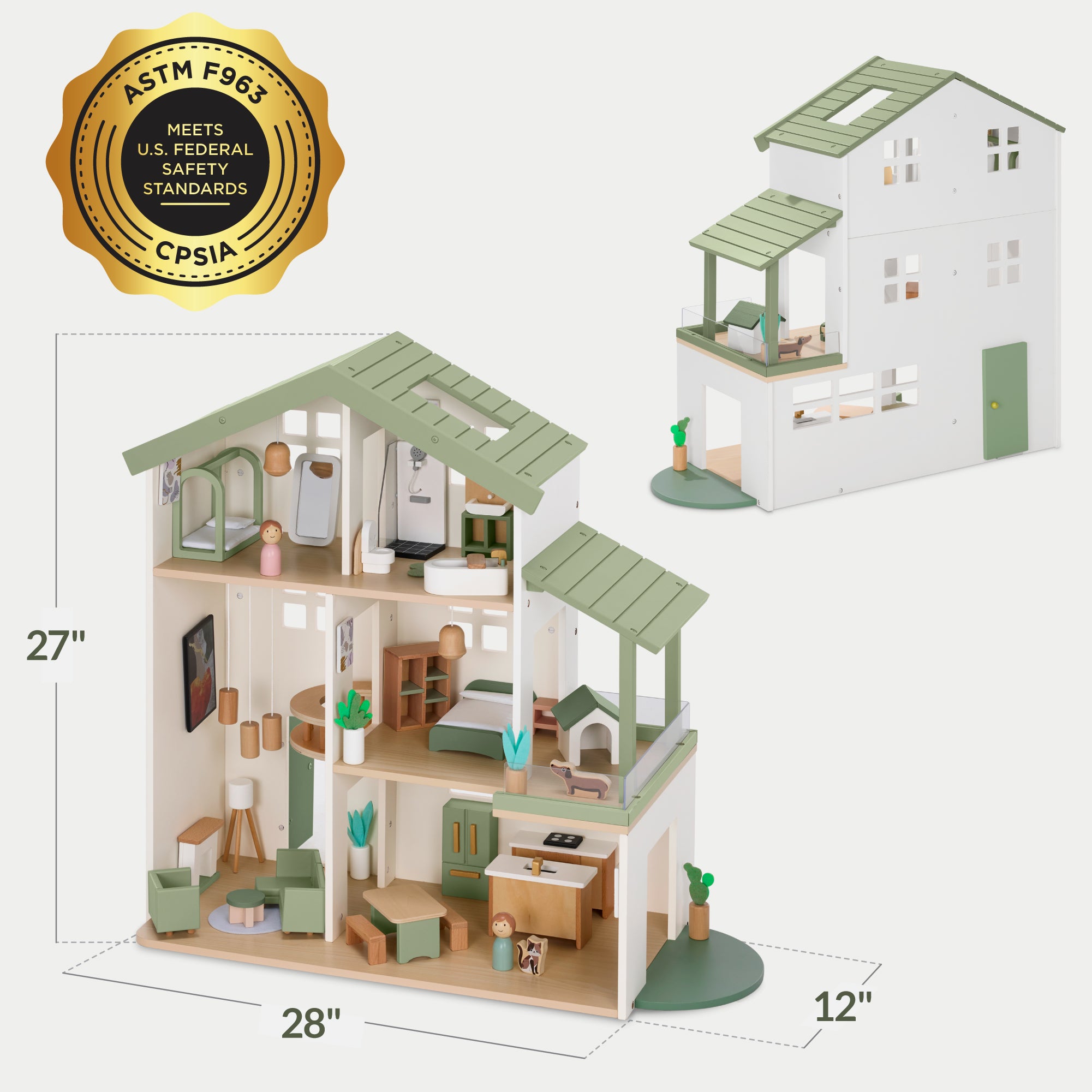 Pretend Play Wooden Doll House w/ 40 Accessories, Modern Toy Playset