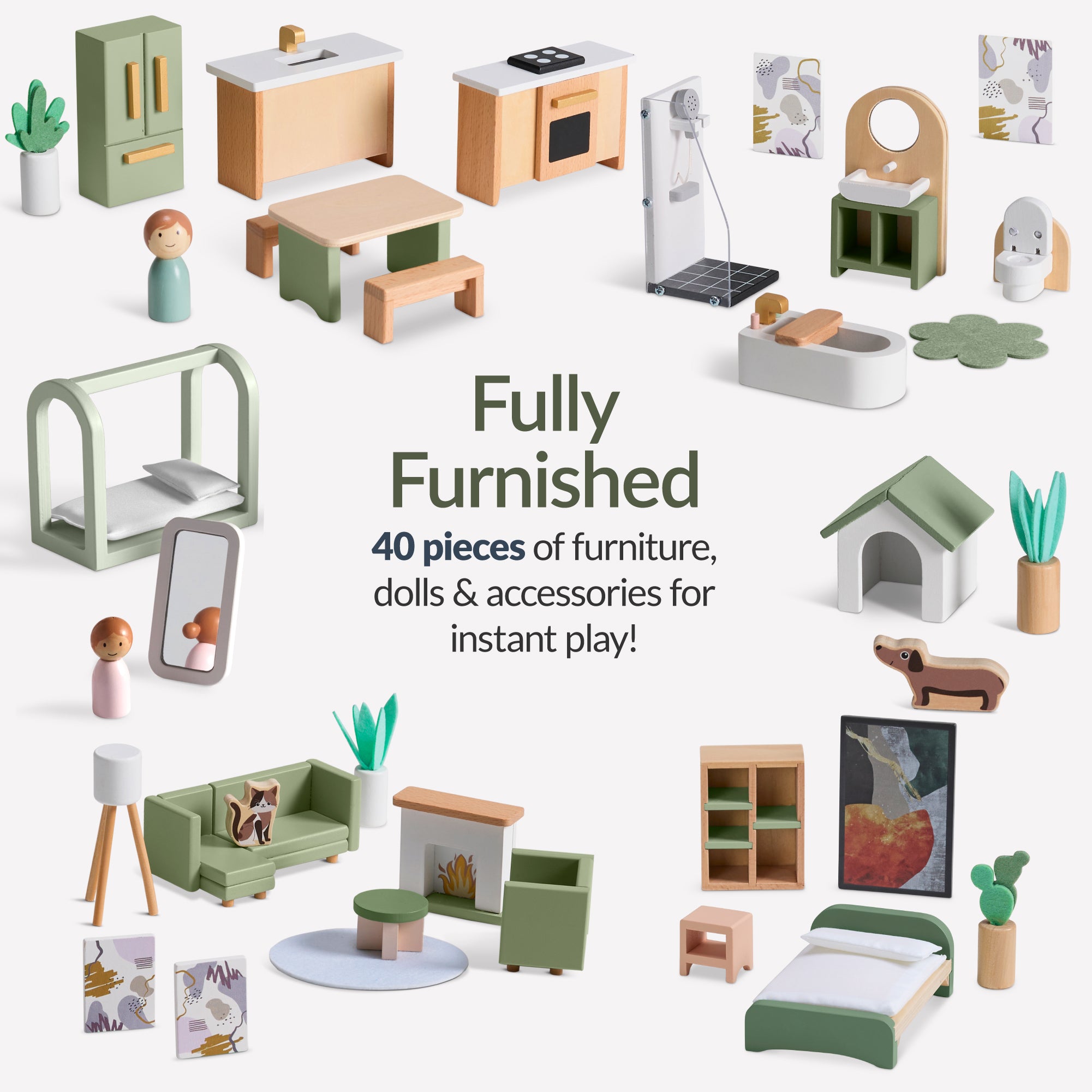 Pretend Play Wooden Doll House w/ 40 Accessories, Modern Toy Playset