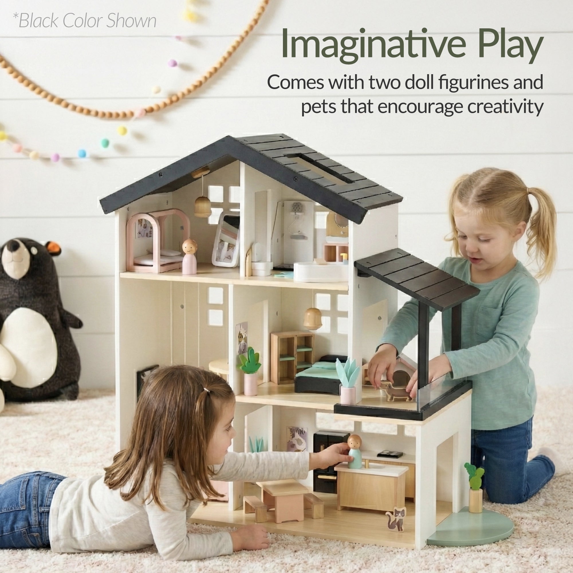 Pretend Play Wooden Doll House w/ 40 Accessories, Modern Toy Playset