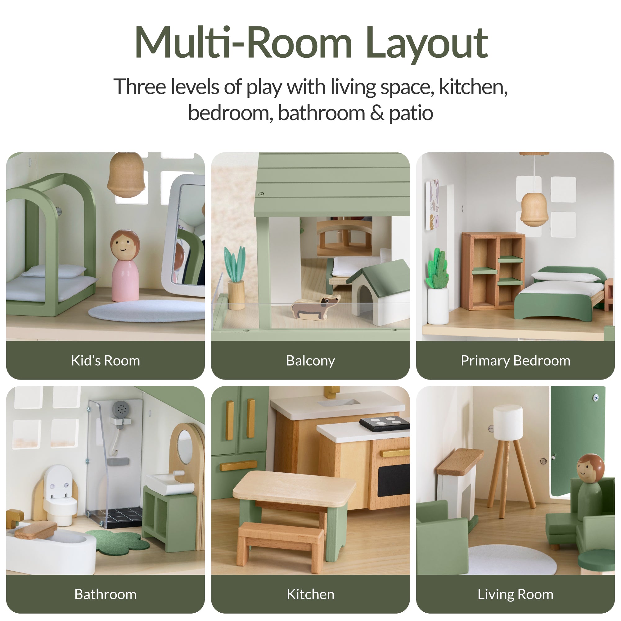 Pretend Play Wooden Doll House w/ 40 Accessories, Modern Toy Playset