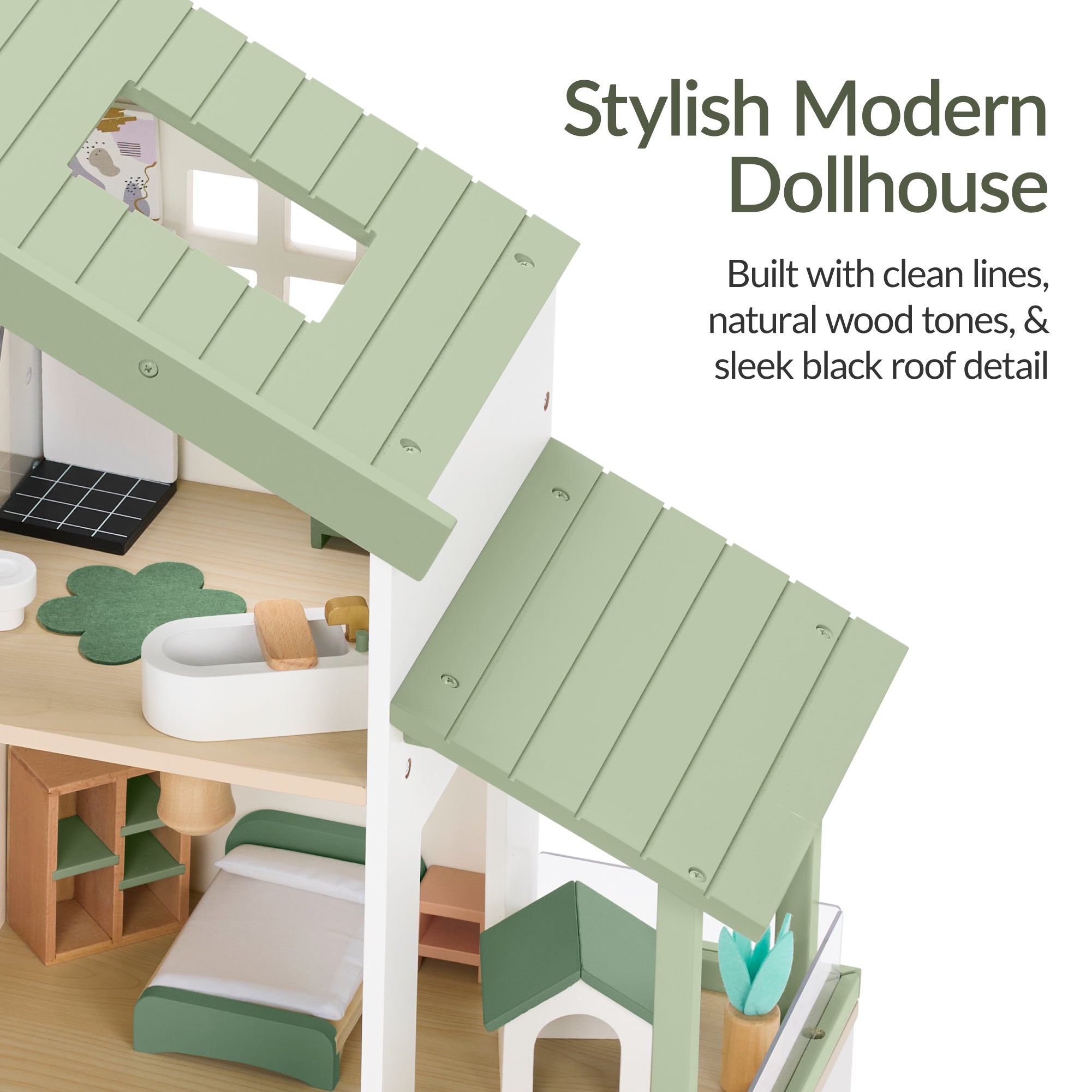 Pretend Play Wooden Doll House w/ 40 Accessories, Modern Toy Playset