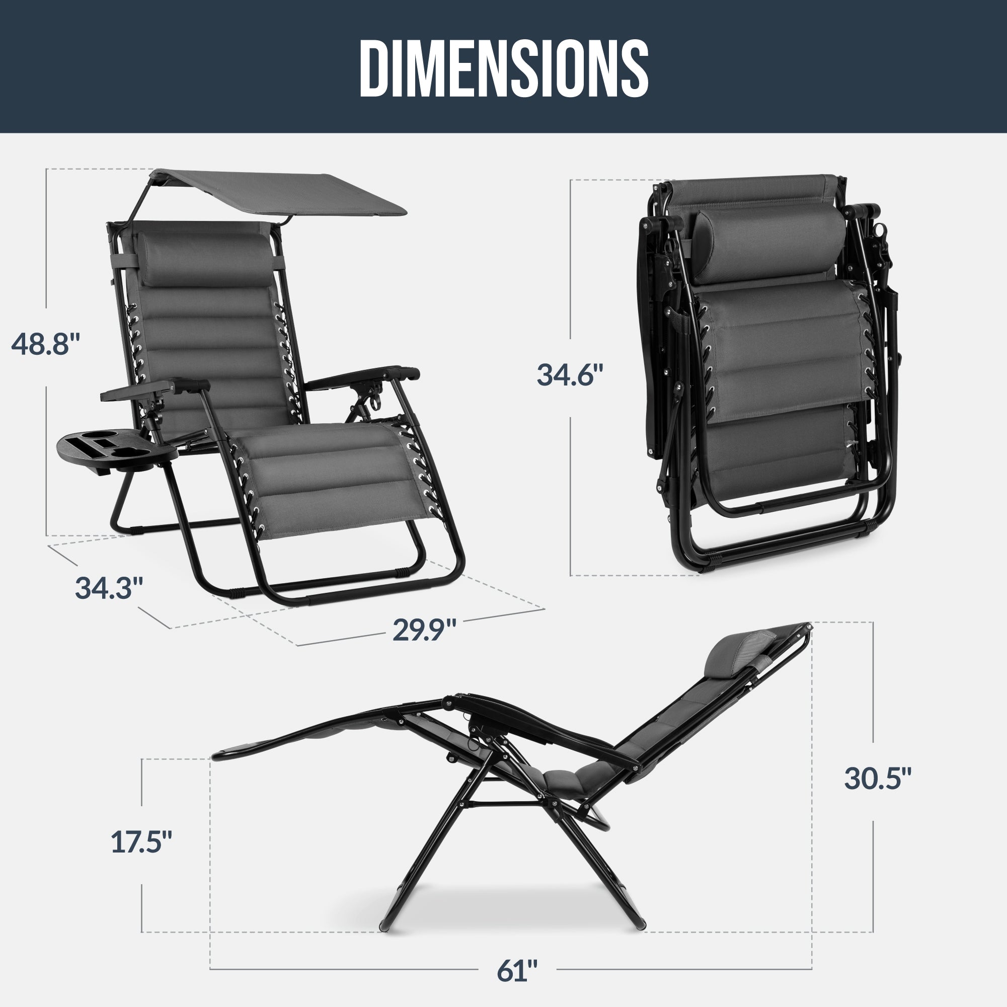 Oversized Padded Zero Gravity Chair w/ Canopy Headrest Cup Holder Side Tray