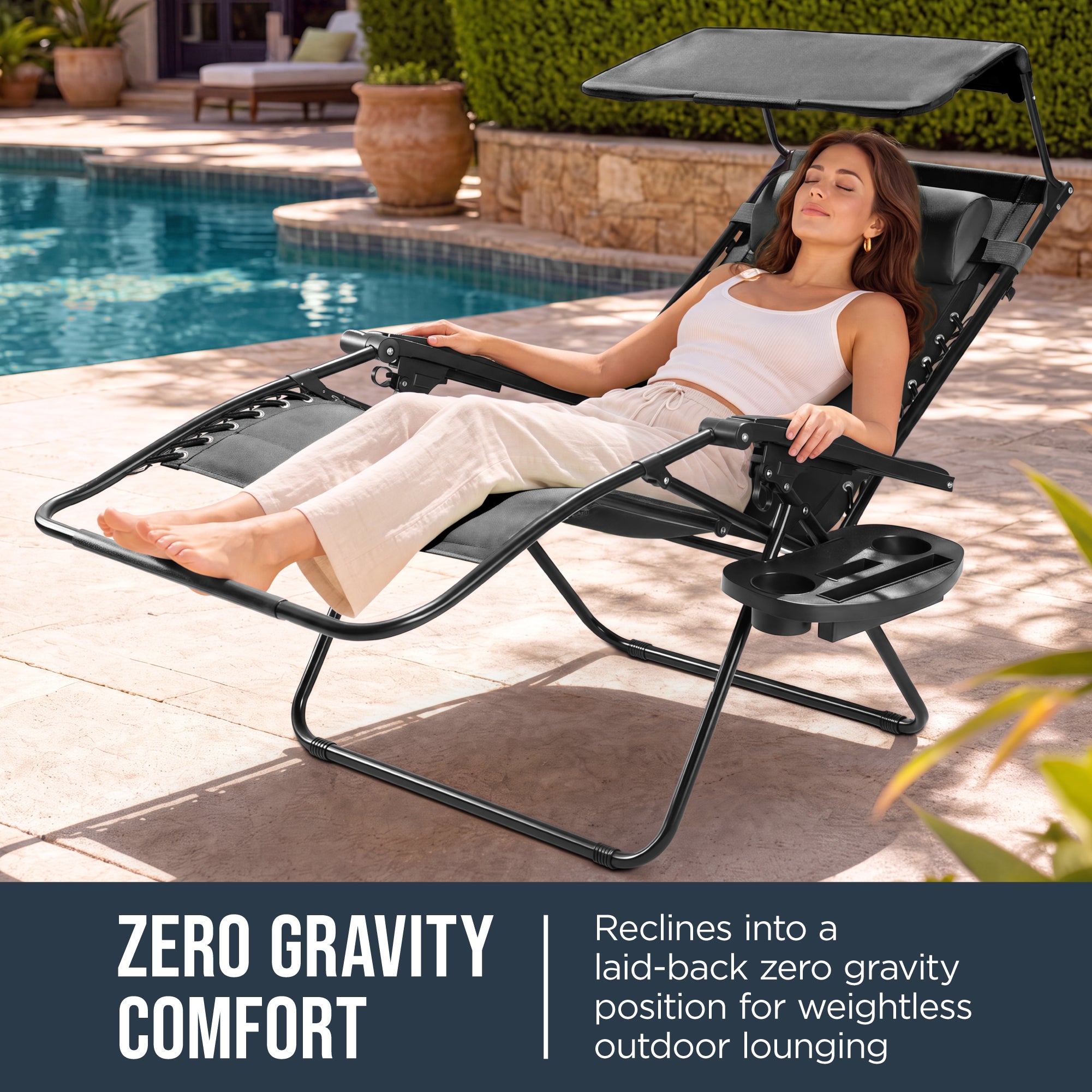 Oversized Padded Zero Gravity Chair w/ Canopy Headrest Cup Holder Side Tray