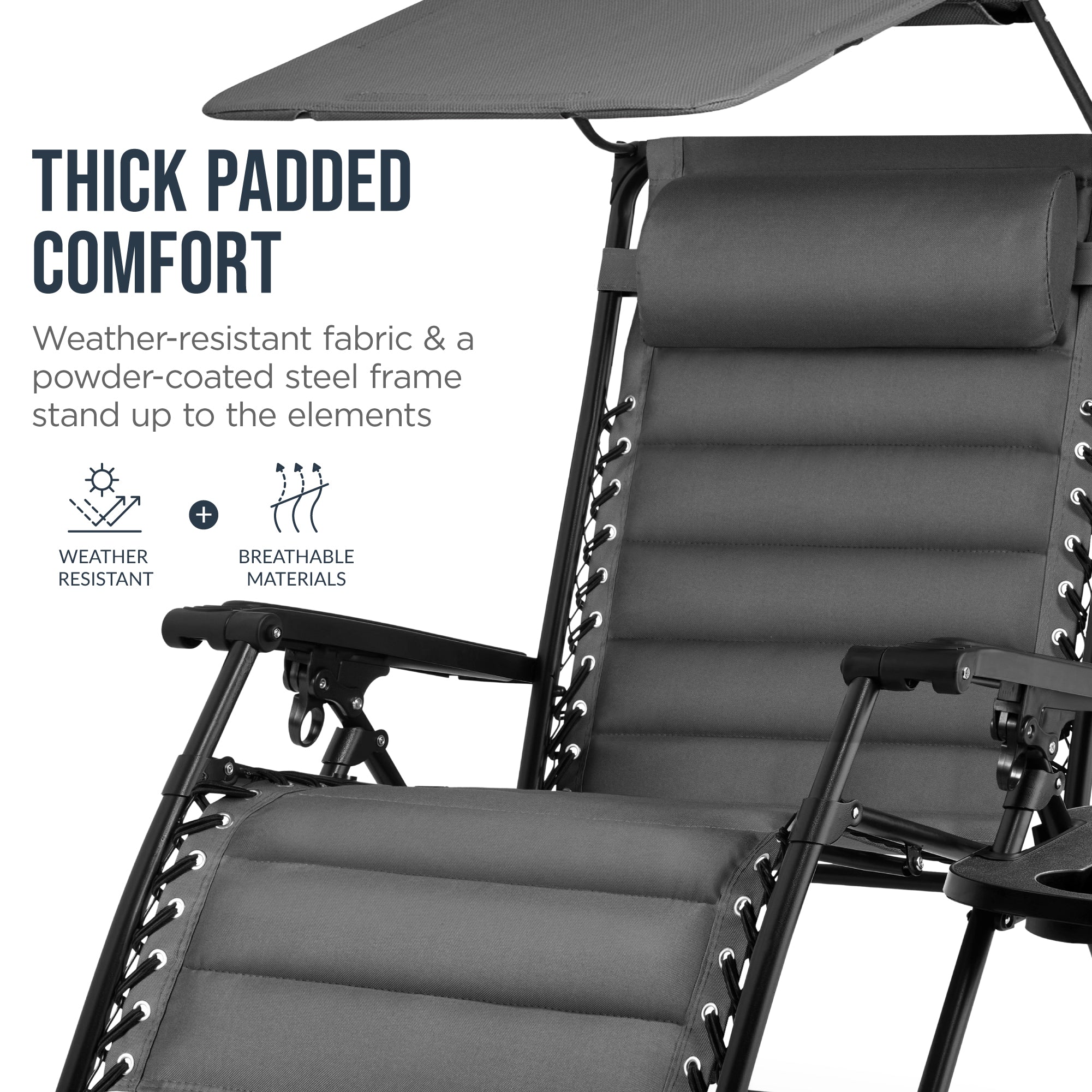 Oversized Padded Zero Gravity Chair w/ Canopy Headrest Cup Holder Side Tray
