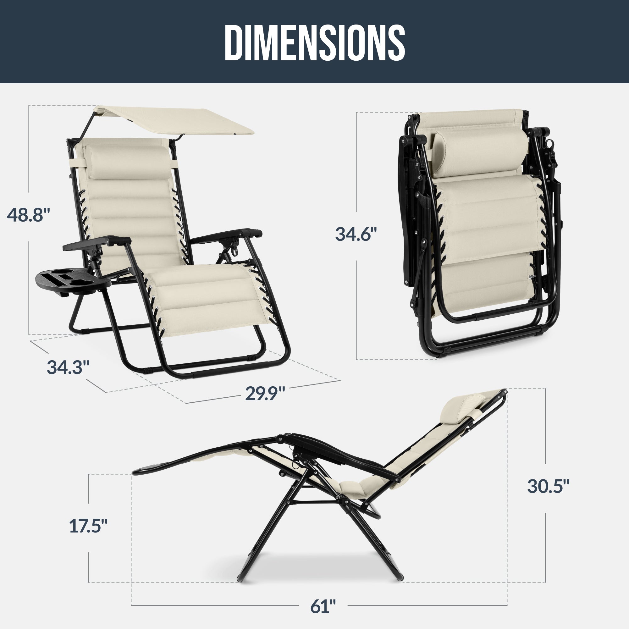Oversized Padded Zero Gravity Chair w/ Canopy Headrest Cup Holder Side Tray