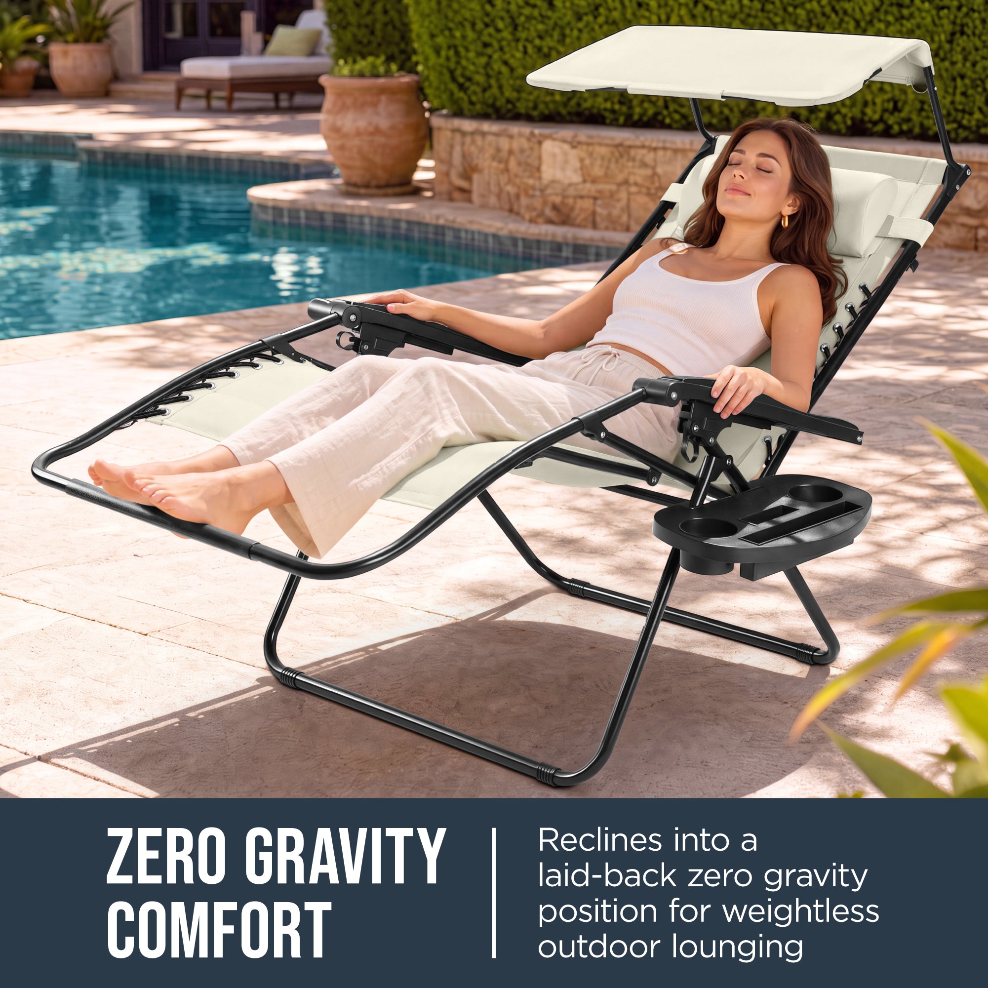 Oversized Padded Zero Gravity Chair w/ Canopy Headrest Cup Holder Side Tray