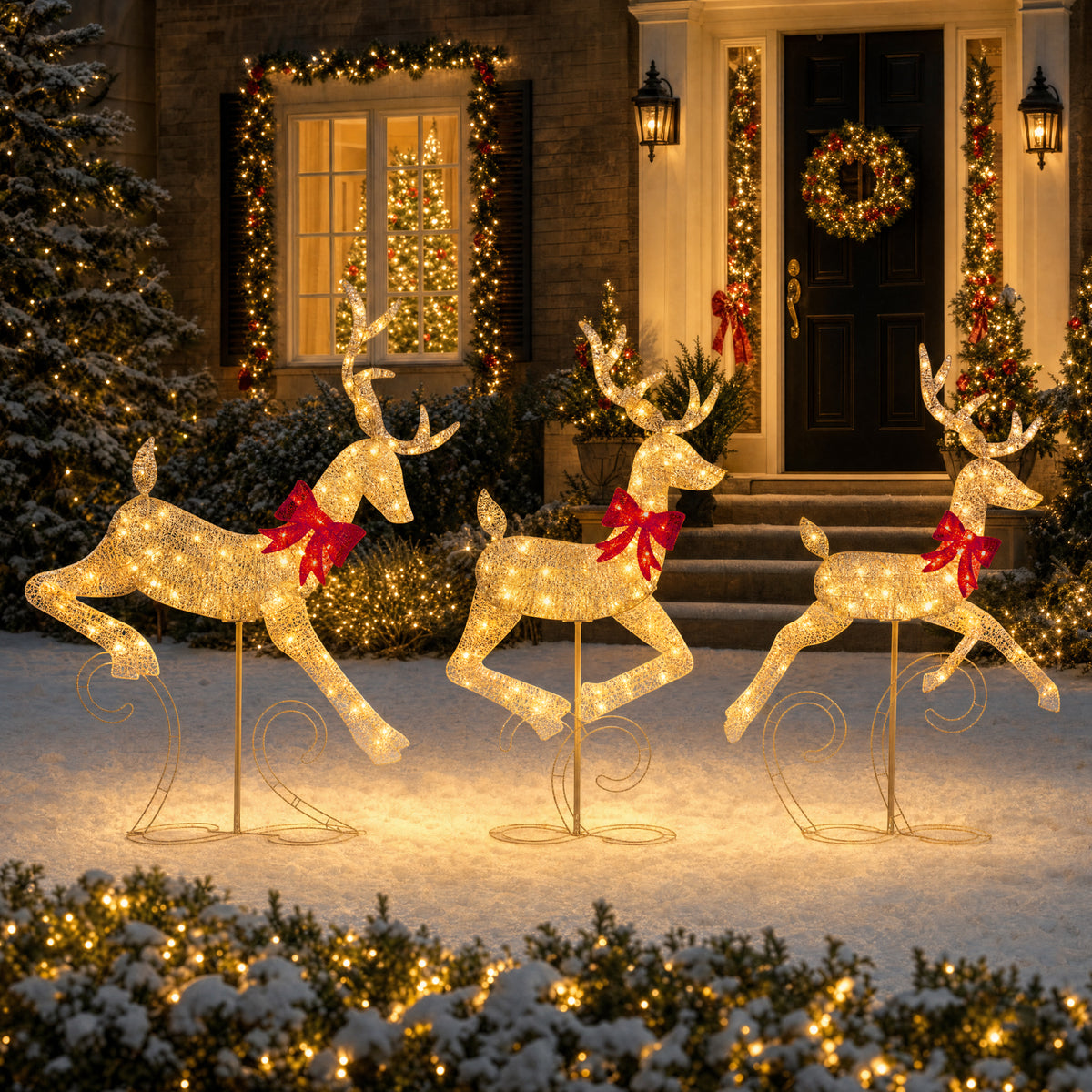3Pc Lighted 2D 4ft Christmas Galloping Deer Pre-lit Outdoor Reindeer Family