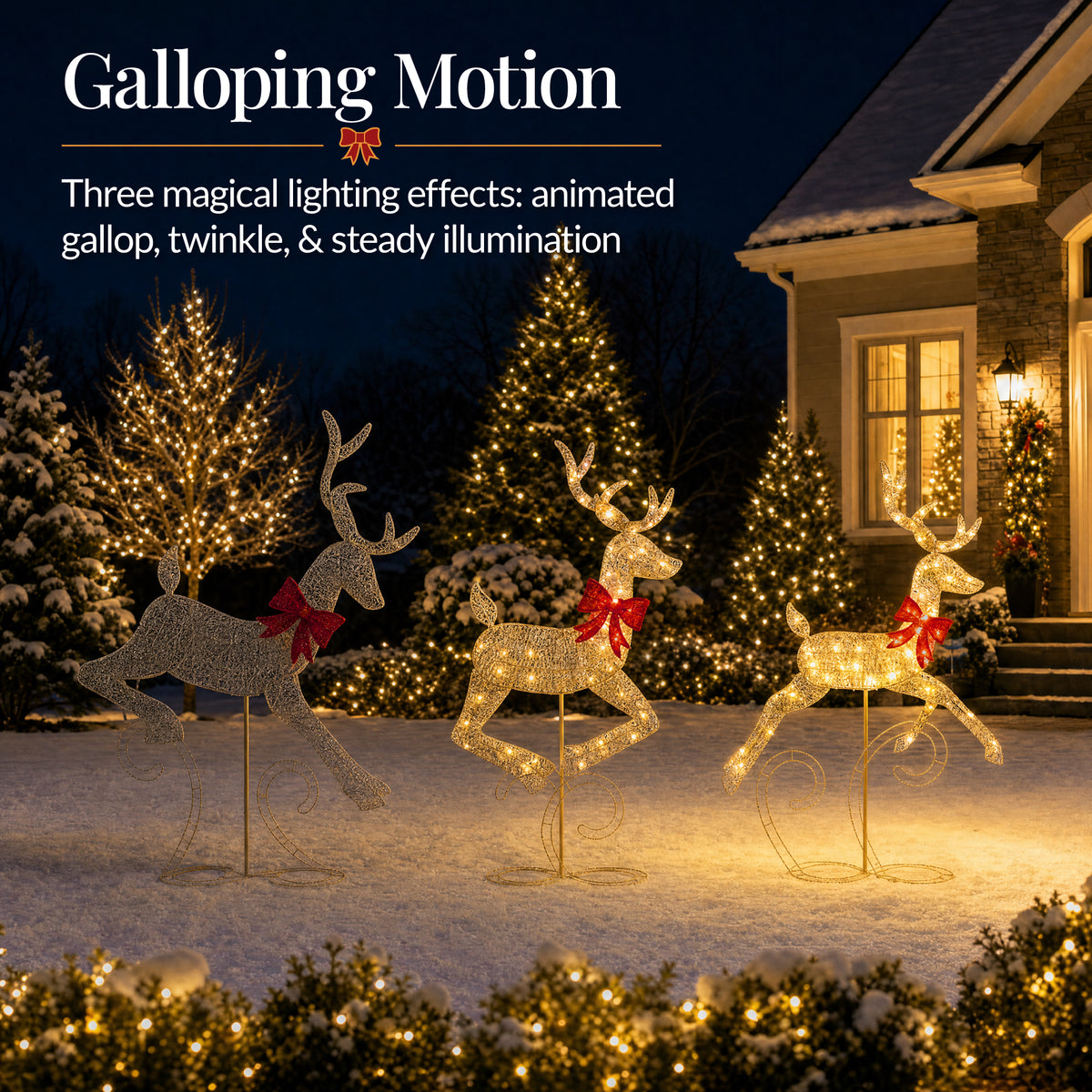 3Pc Lighted 2D 4ft Christmas Galloping Deer Pre-lit Outdoor Reindeer Family