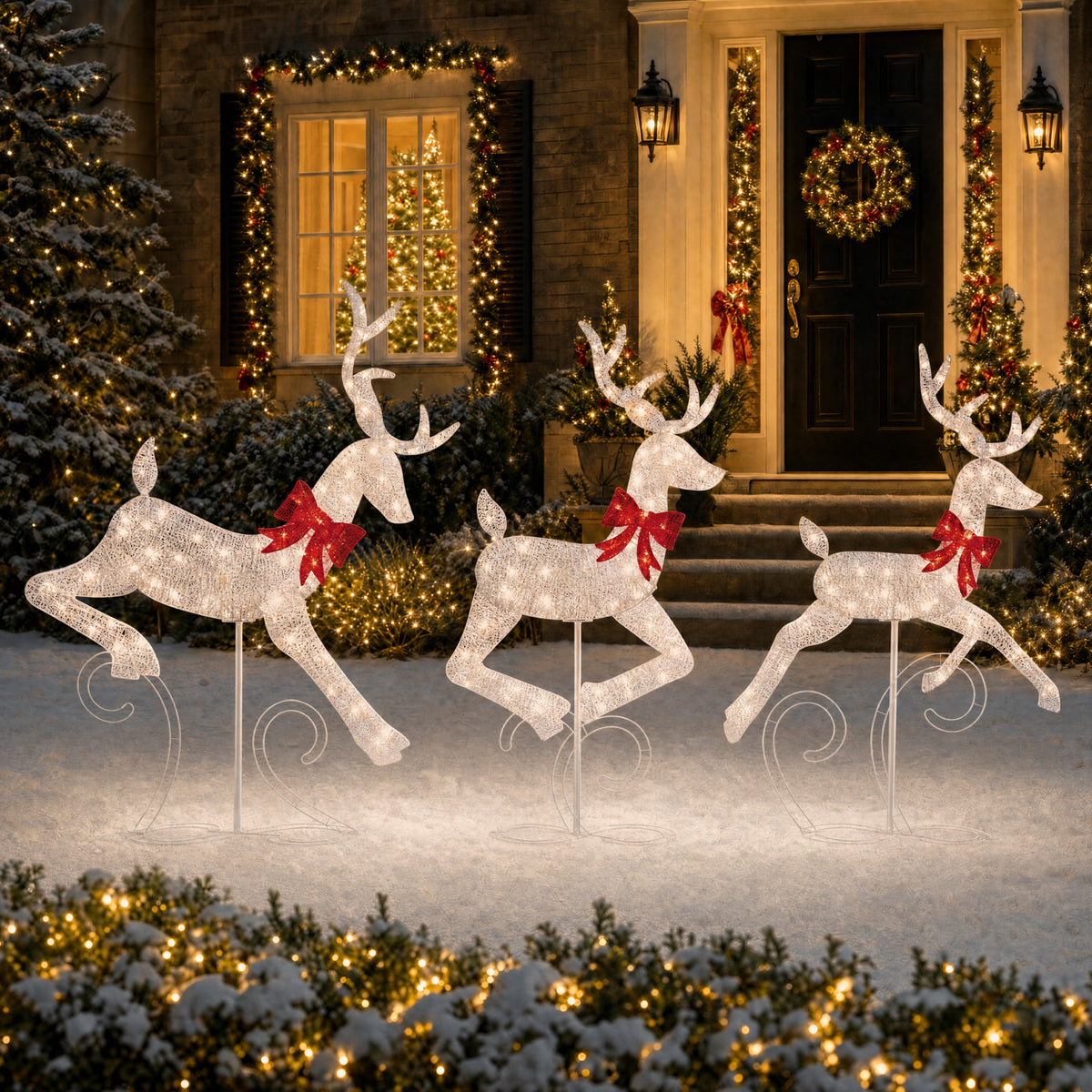 3Pc Lighted 2D 4ft Christmas Galloping Deer Pre-lit Outdoor Reindeer Family
