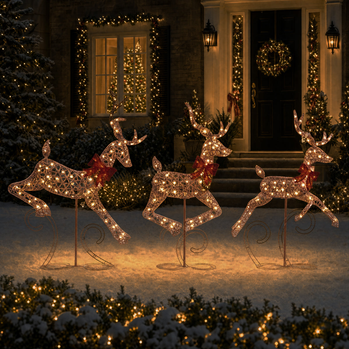 3Pc Lighted 2D 4ft Christmas Galloping Deer Pre-lit Outdoor Reindeer Family