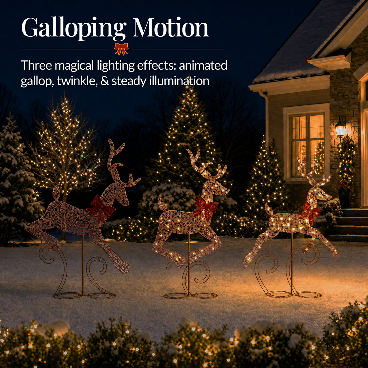 3Pc Lighted 2D 4ft Christmas Galloping Deer Pre-lit Outdoor Reindeer Family
