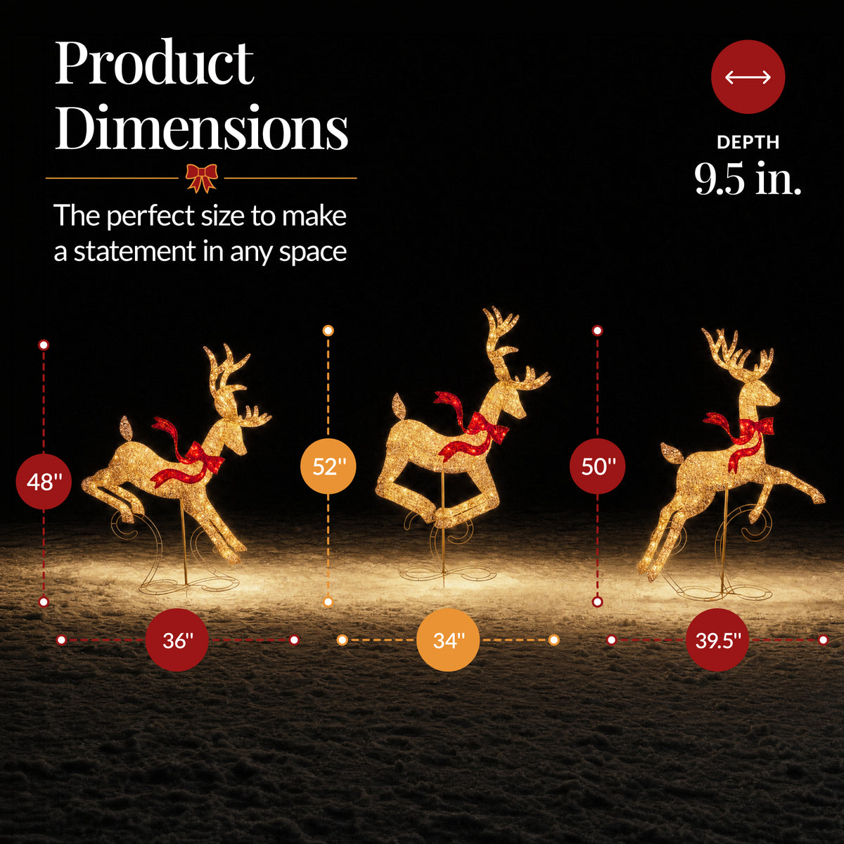 3Pc Lighted 3D 4ft Christmas Galloping Deer Pre-lit Outdoor Reindeer Family