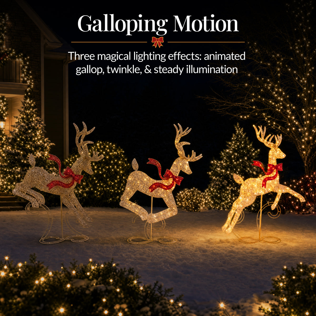 3Pc Lighted 3D 4ft Christmas Galloping Deer Pre-lit Outdoor Reindeer Family